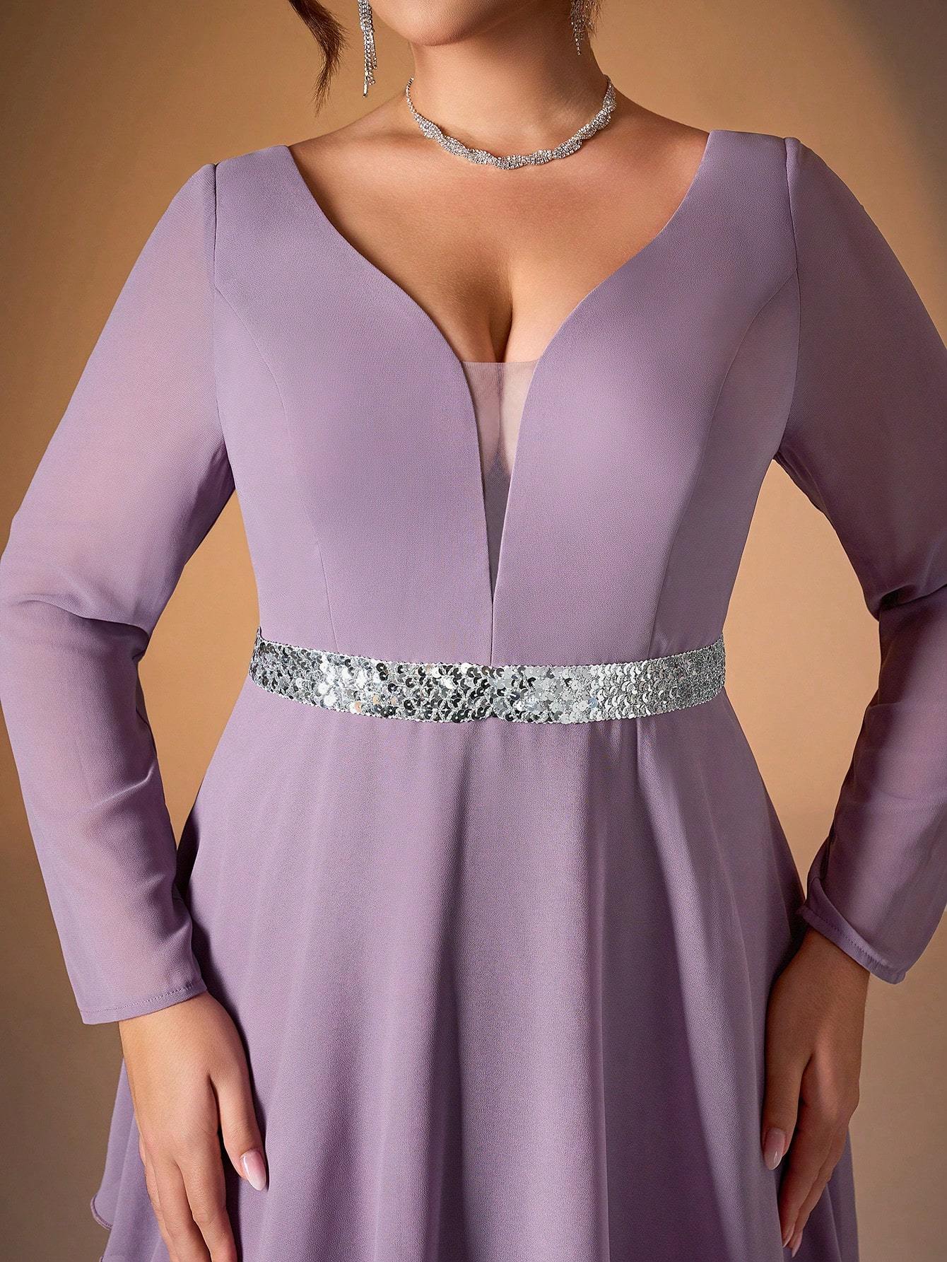 Leely Plus Women's Elegant V Neck Long Sleeve Chiffon Evening Gown