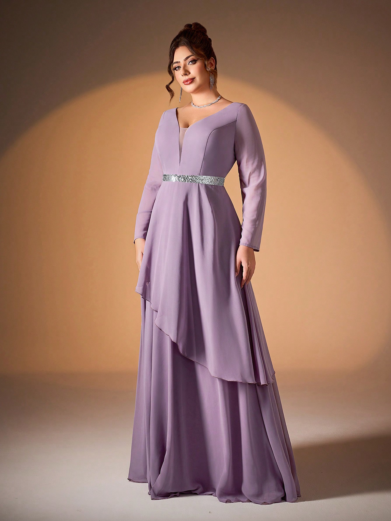 Leely Plus Women's Elegant V Neck Long Sleeve Chiffon Evening Gown
