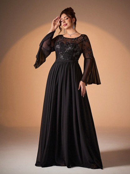 Leely Plus Women's Elegant Round Neck Flare Sleeve Party Dresses