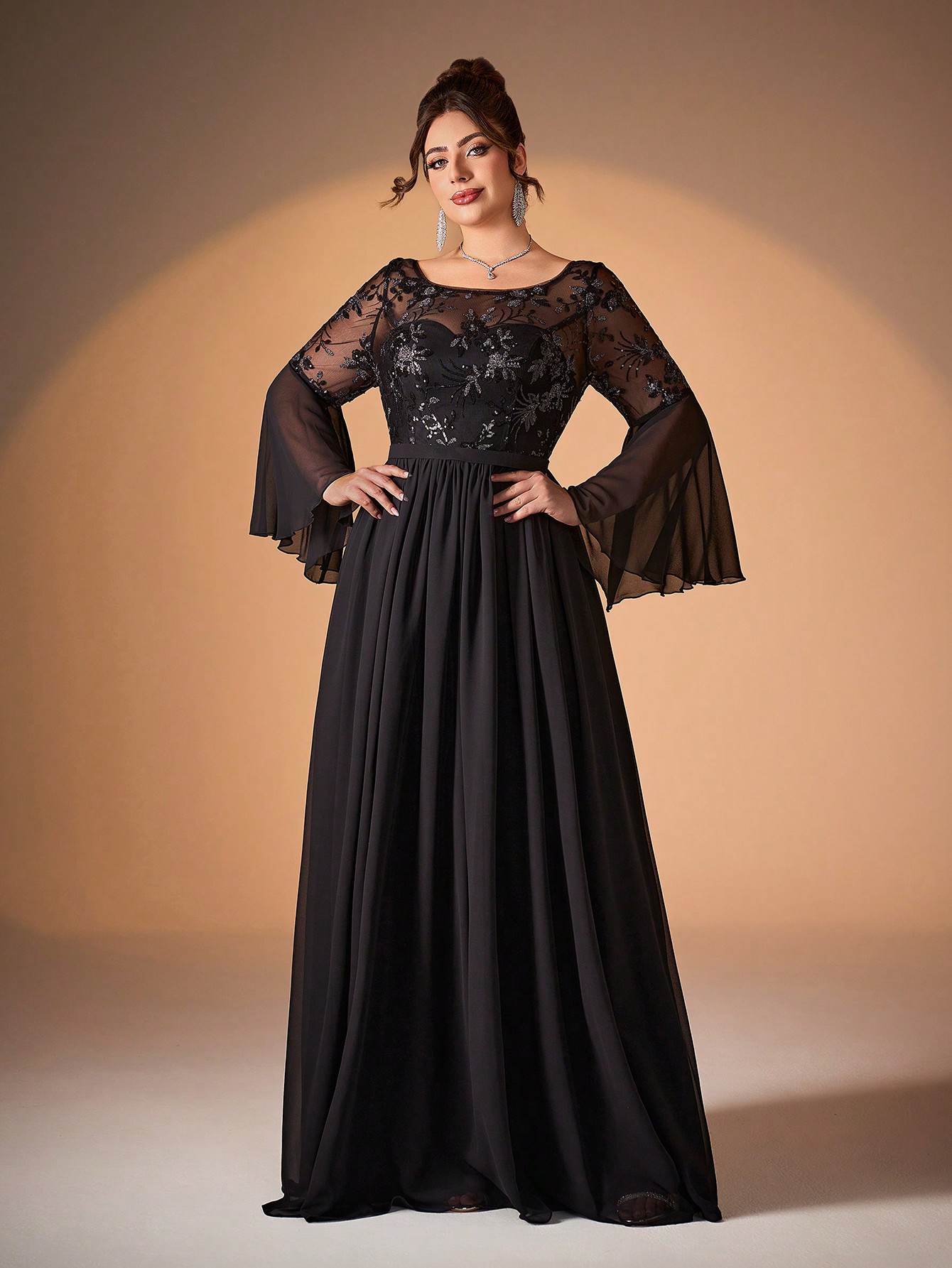 Leely Plus Women's Elegant Round Neck Flare Sleeve Party Dresses