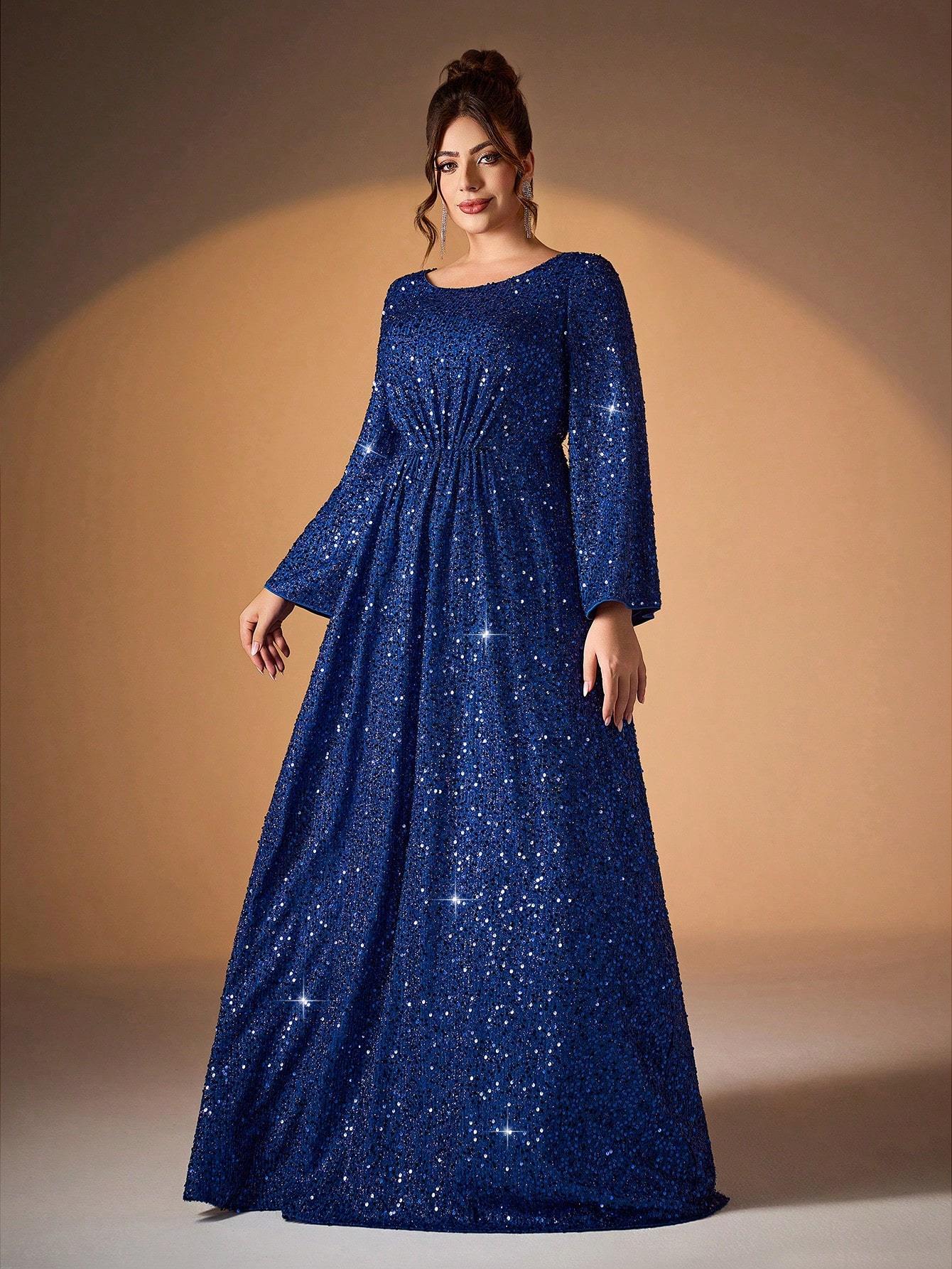Leely Plus Women's Elegant Scoop Neck Flare Sleeve Sequins A-Line Dress