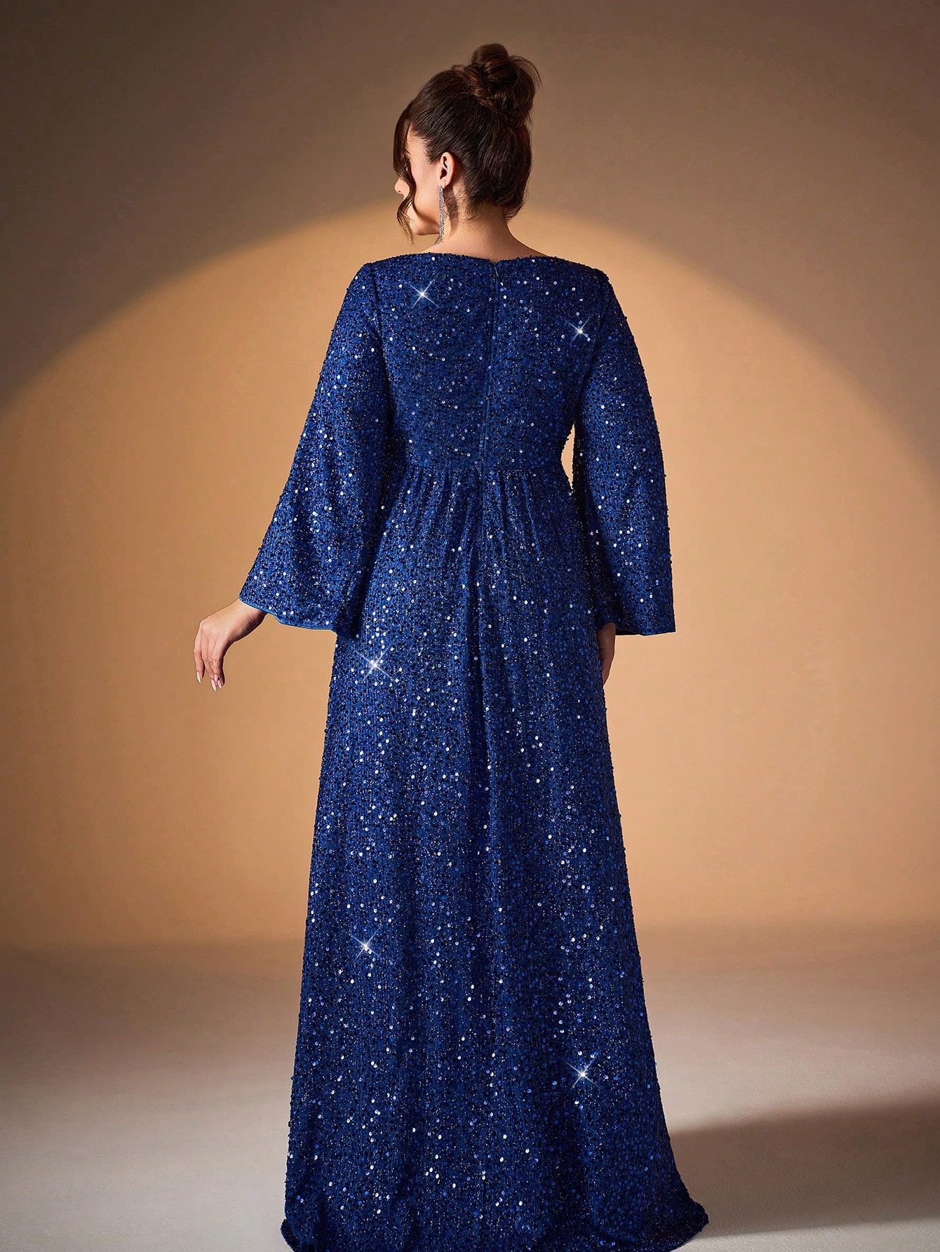 Leely Plus Women's Elegant Scoop Neck Flare Sleeve Sequins A-Line Dress
