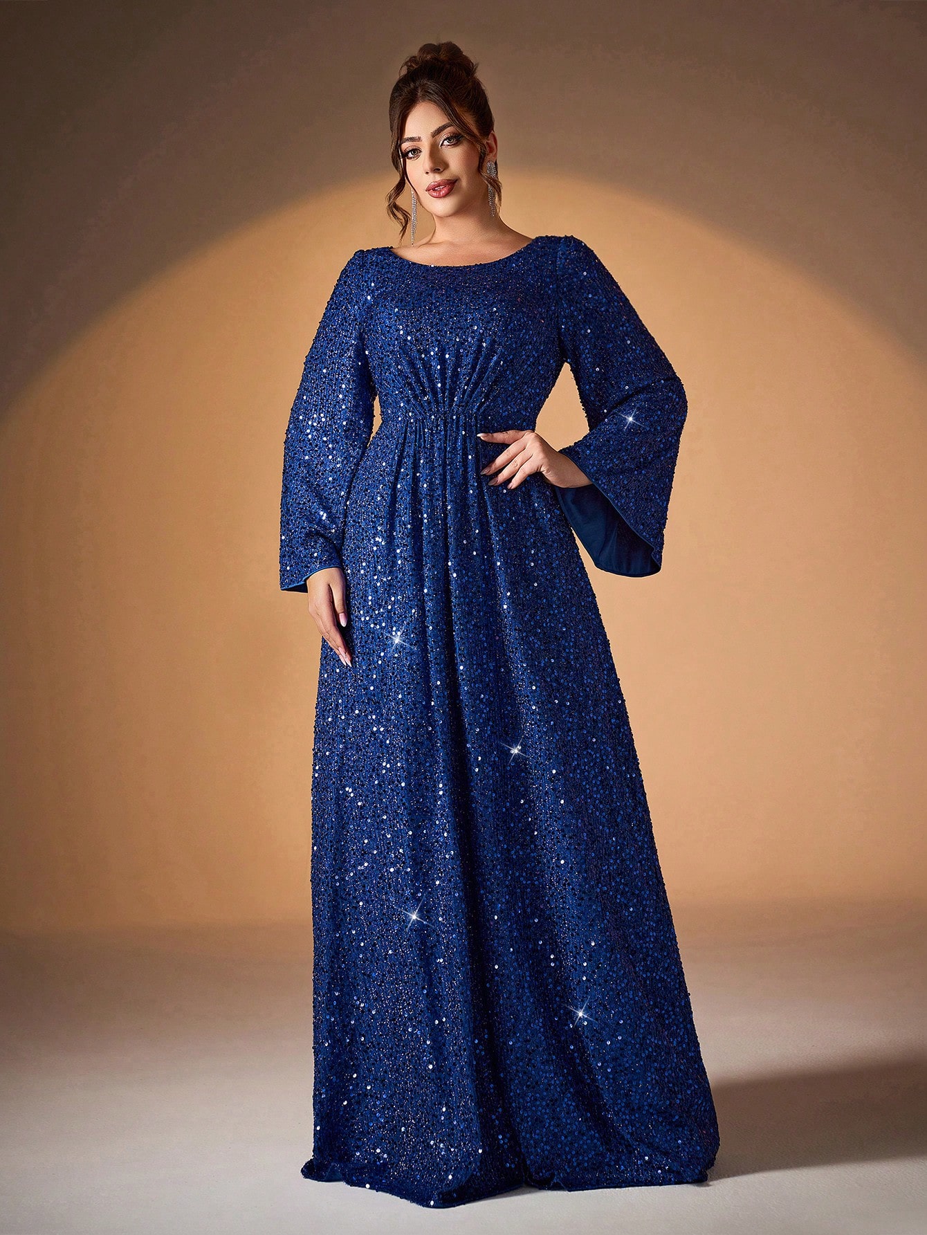 Leely Plus Women's Elegant Scoop Neck Flare Sleeve Sequins A-Line Dress