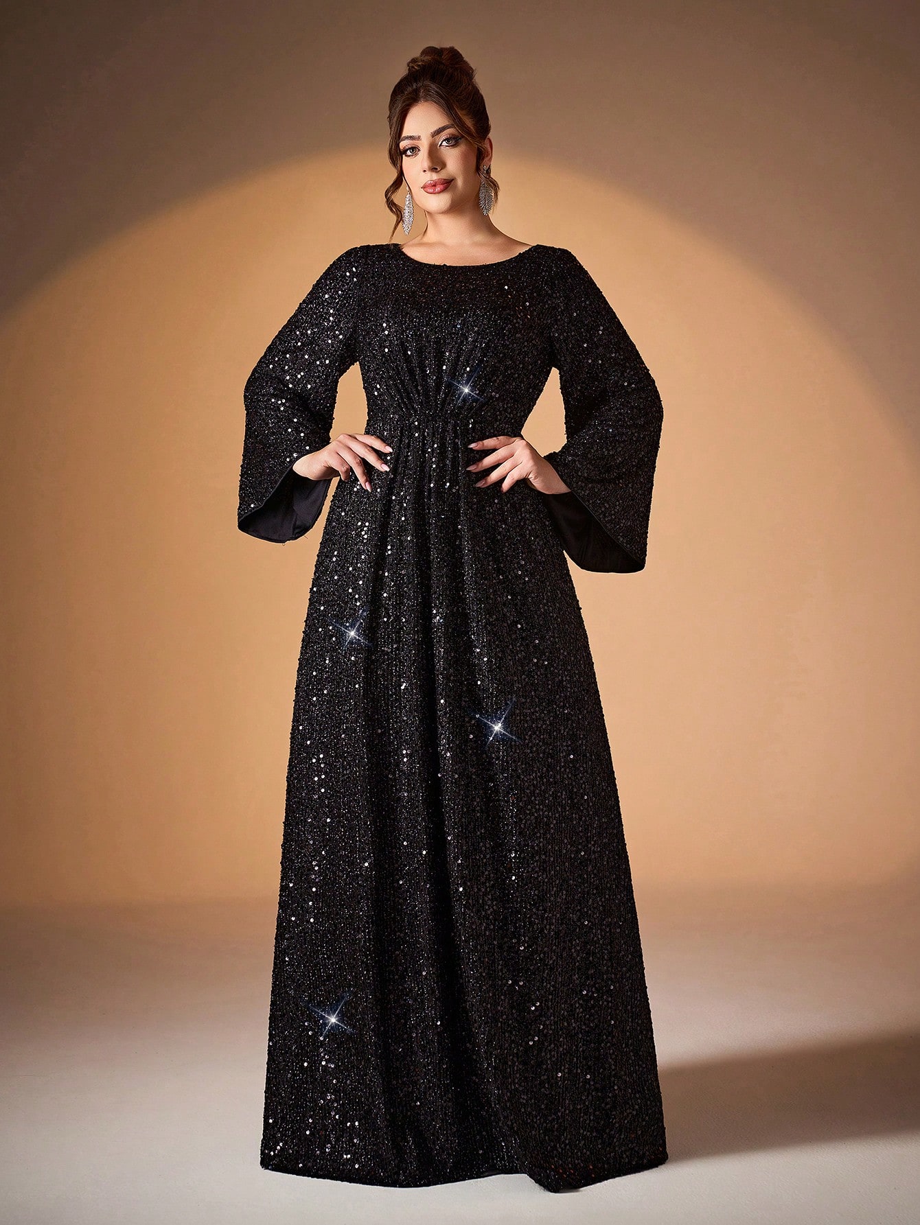 Leely Plus Women's Elegant Scoop Neck Flare Sleeve Sequins A-Line Dress