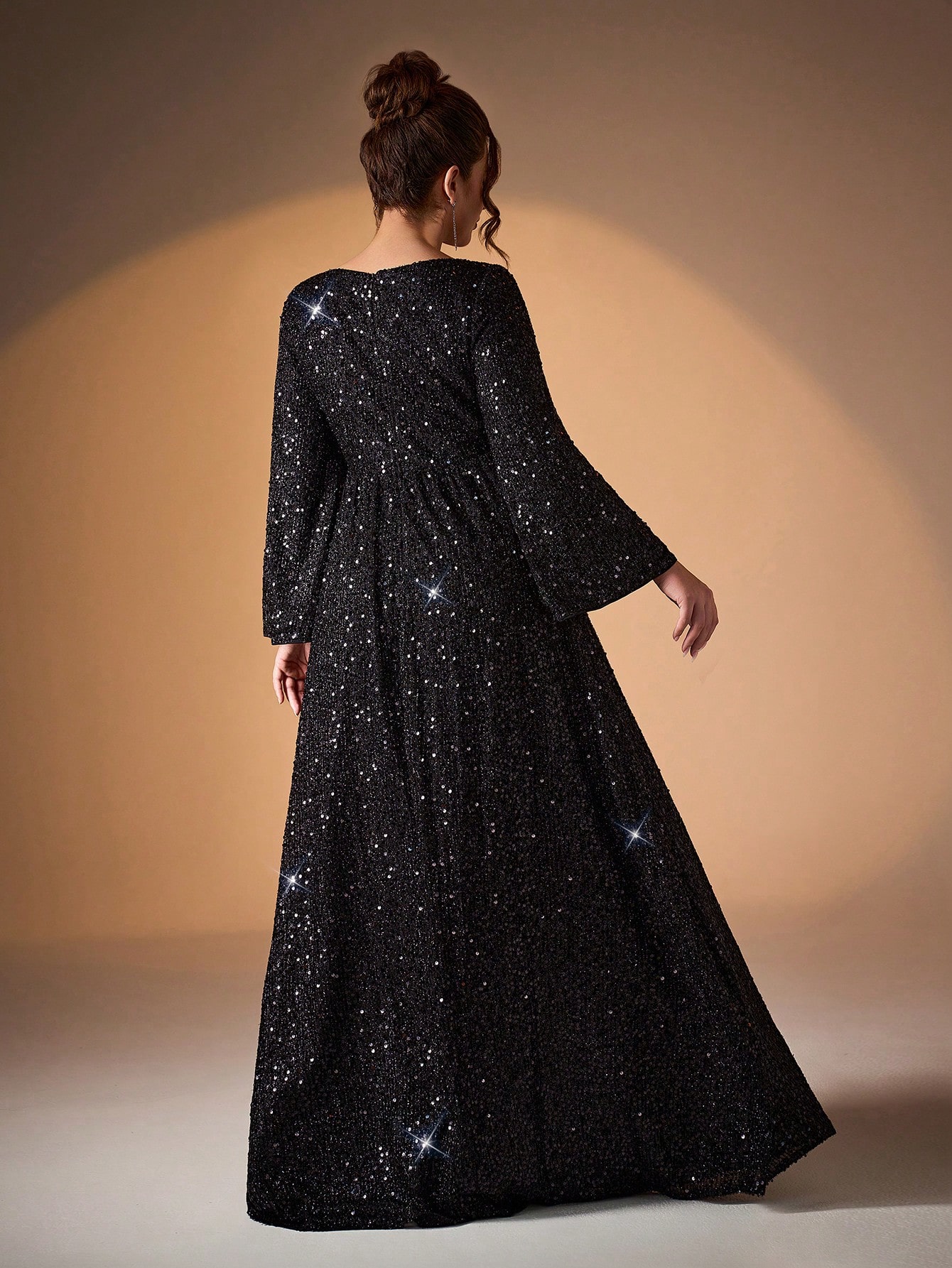 Leely Plus Women's Elegant Scoop Neck Flare Sleeve Sequins A-Line Dress