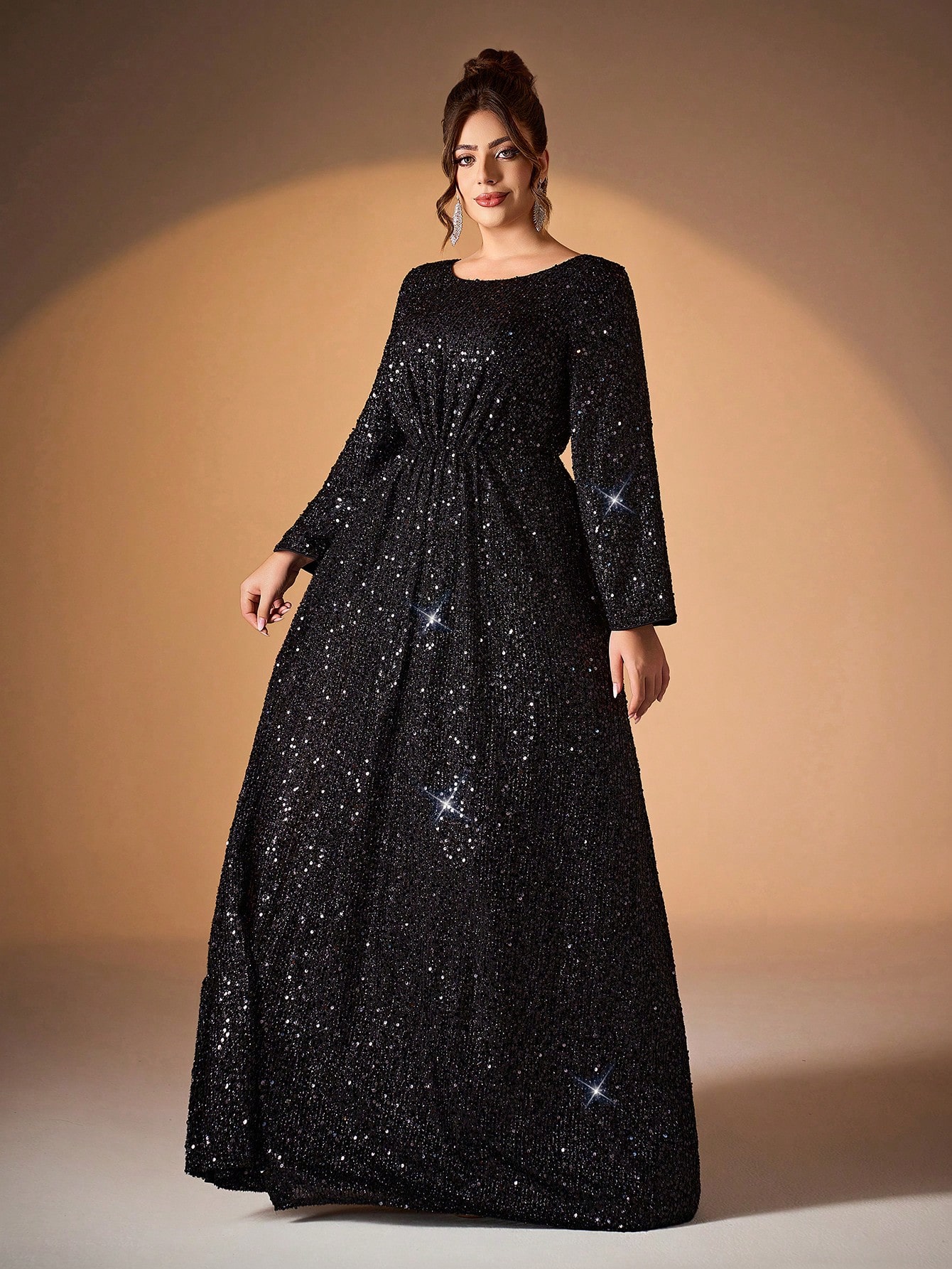 Leely Plus Women's Elegant Scoop Neck Flare Sleeve Sequins A-Line Dress