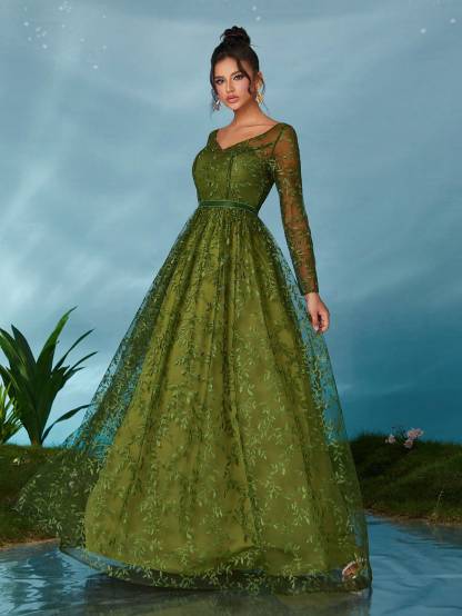 Leely Women's Elegant V Neck Long Sleeve Party Dress