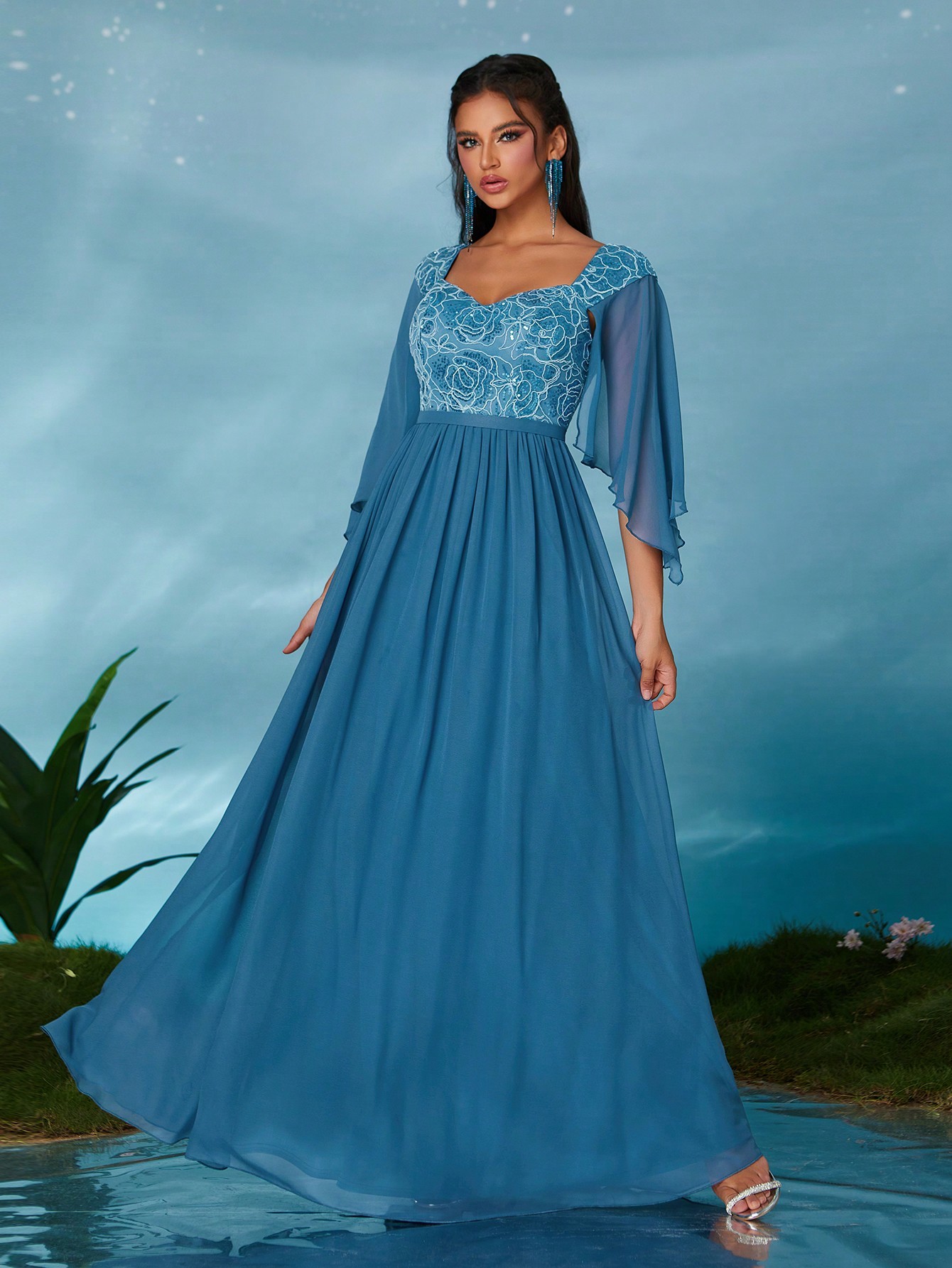 Leely Elegant Sweetheart Flounce Sleeve Party Dress