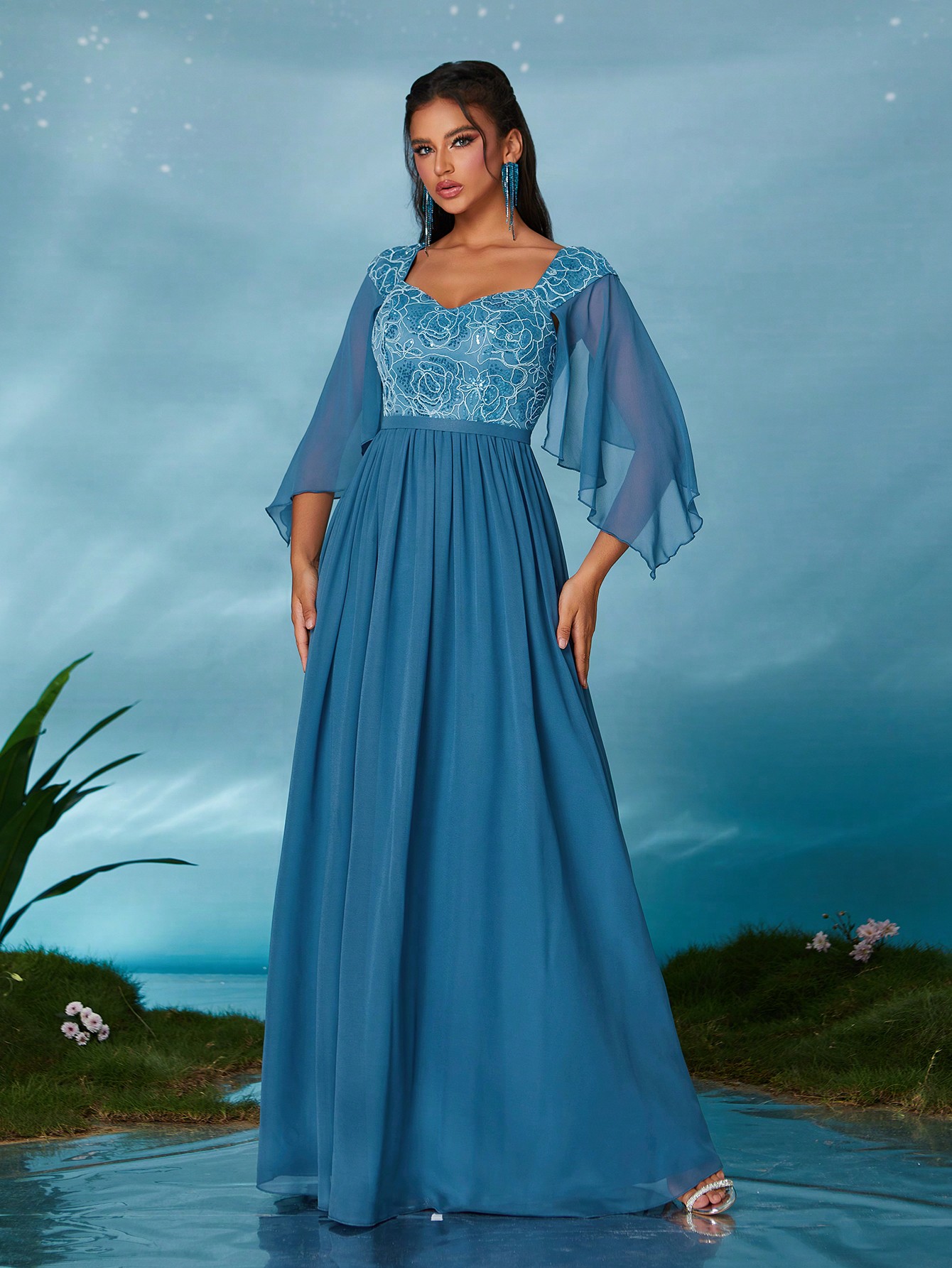 Leely Elegant Sweetheart Flounce Sleeve Party Dress