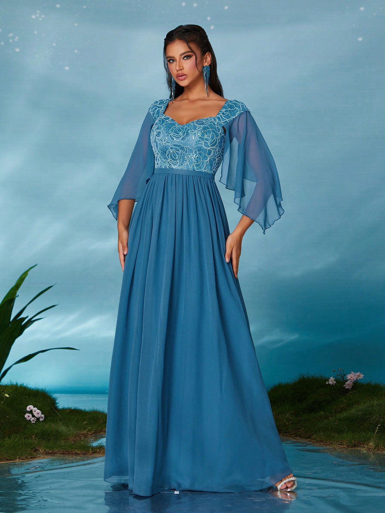 Leely Elegant Sweetheart Flounce Sleeve Party Dress