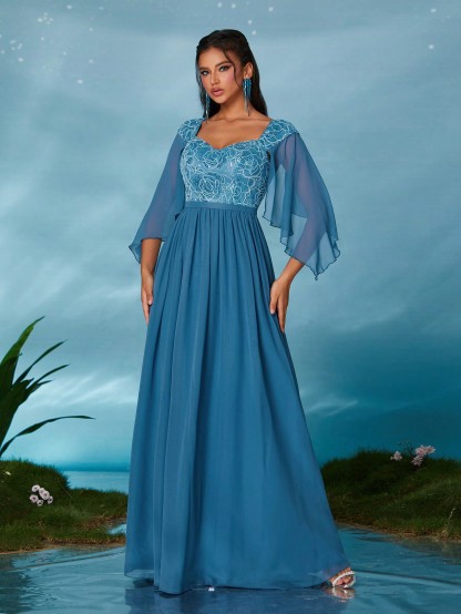 Leely Elegant Sweetheart Flounce Sleeve Party Dress