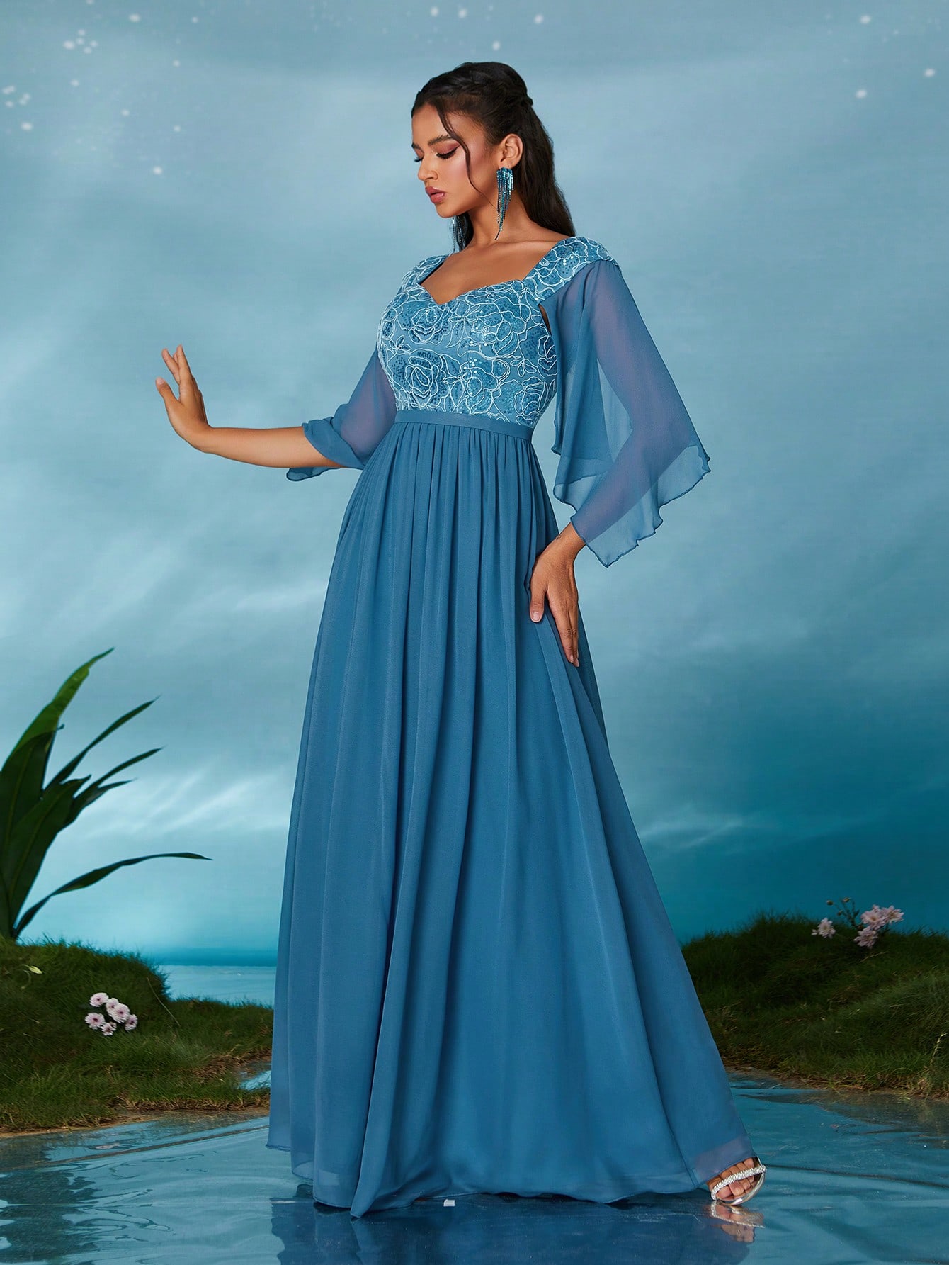 Leely Elegant Sweetheart Flounce Sleeve Party Dress
