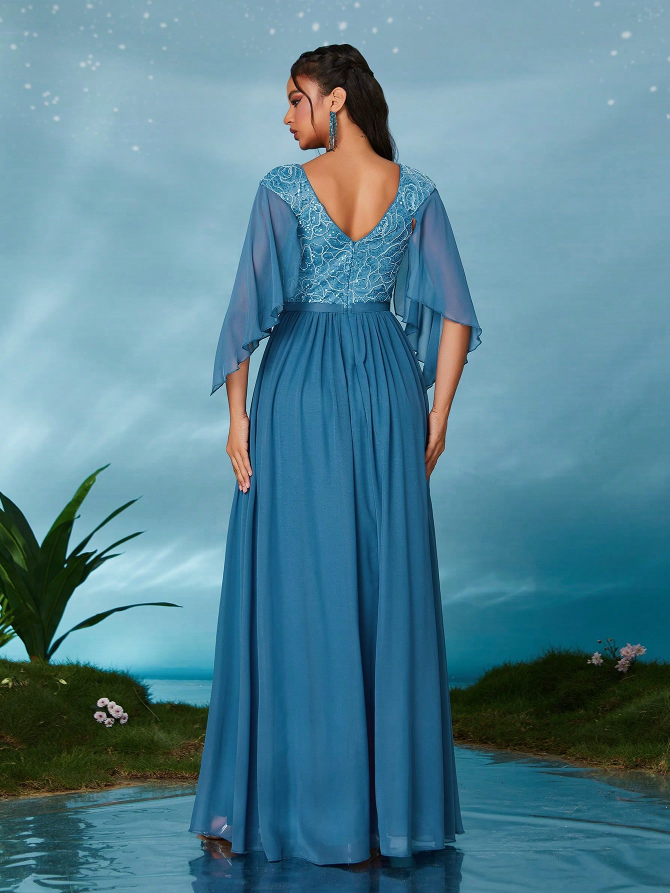 Leely Elegant Sweetheart Flounce Sleeve Party Dress