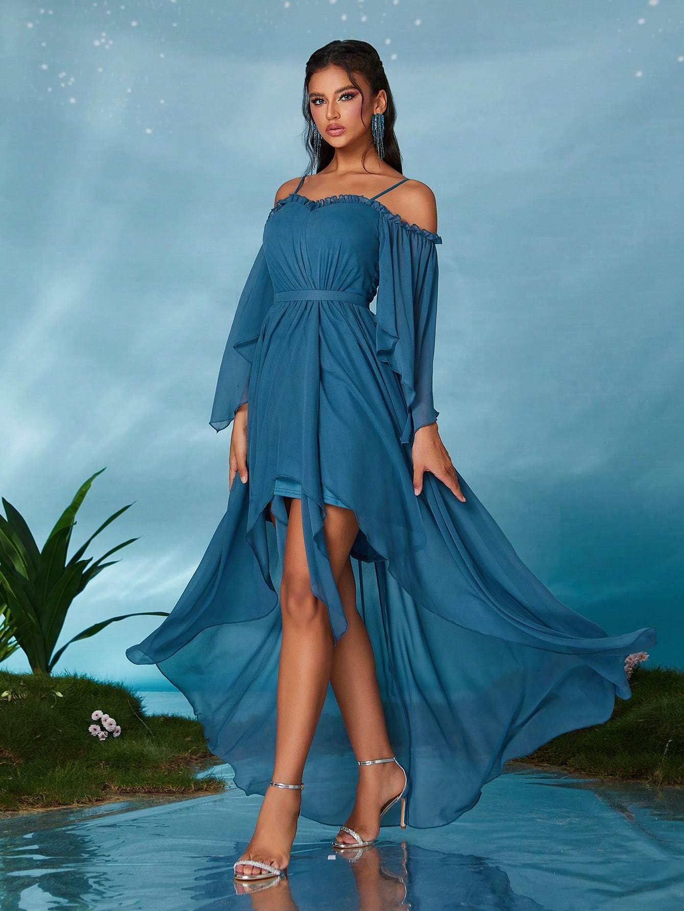 Leely Women's Elegant Sweetheart Cloak Sleeve Lace A-Line Dress