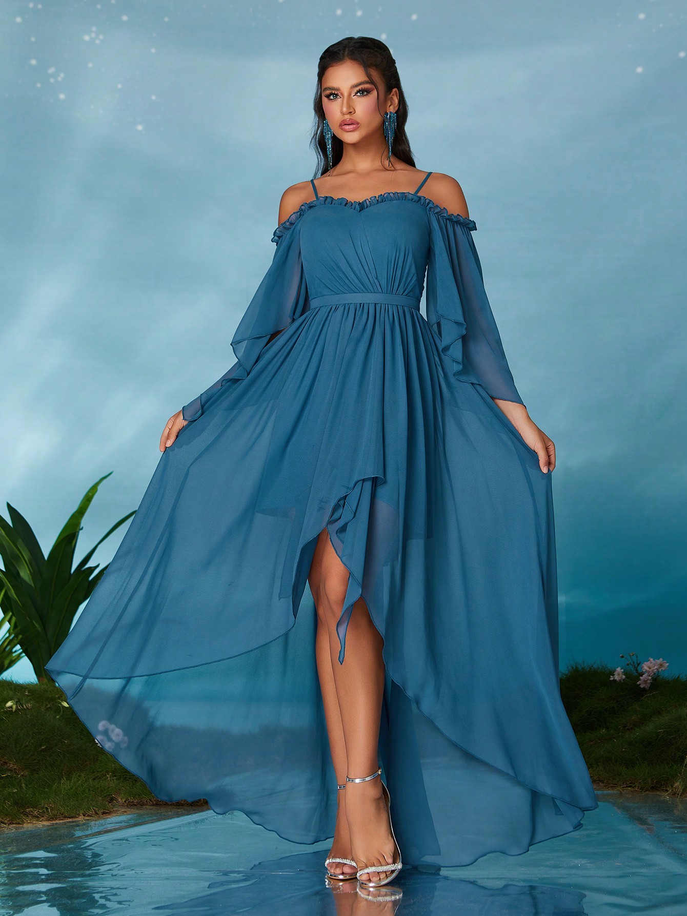 Leely Elegant Spaghetti Straps Cold Shoulder Party Dress