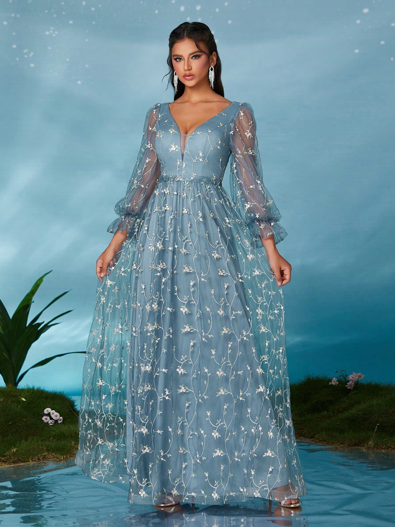Leely Elegant V Neck Bishop Sleeve Party Dress