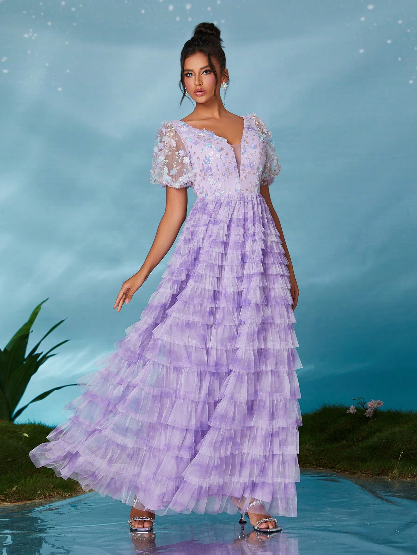 Leely Elegant V Neck Short Sleeve Evening Gown