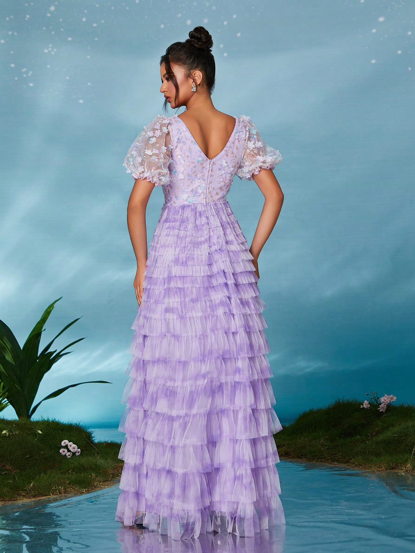Leely Elegant V Neck Short Sleeve Evening Gown