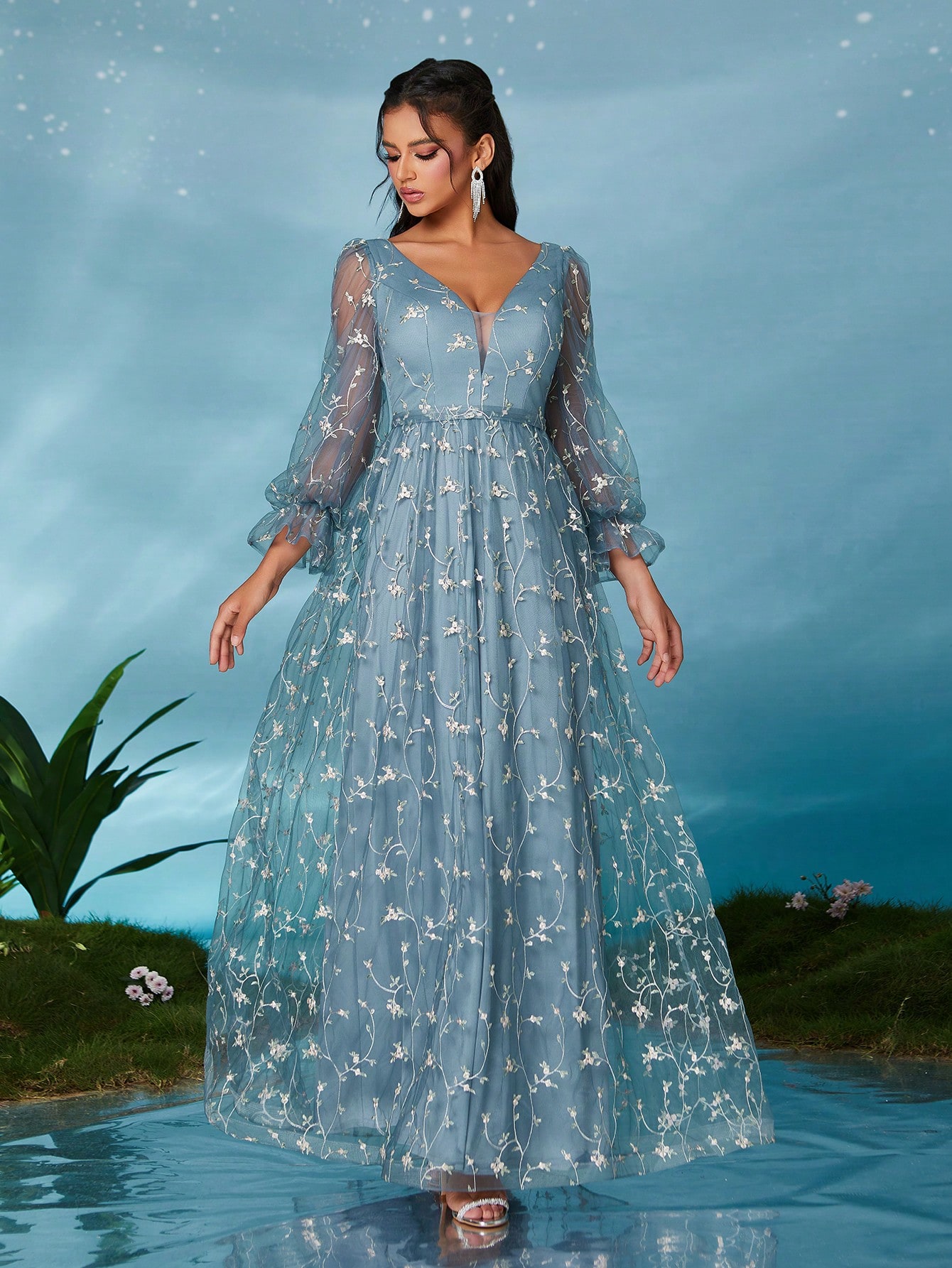Leely Elegant V Neck Bishop Sleeve Party Dress