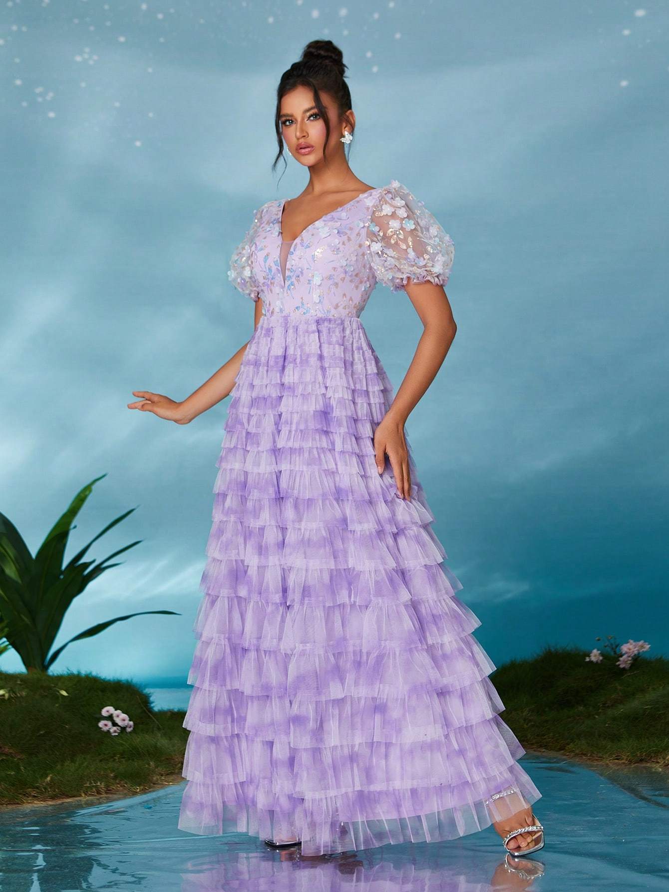 Leely Elegant V Neck Short Sleeve Evening Gown