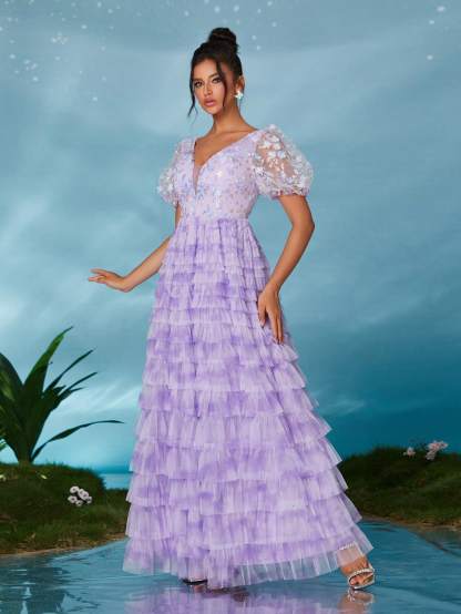 Leely Elegant V Neck Short Sleeve Evening Gown