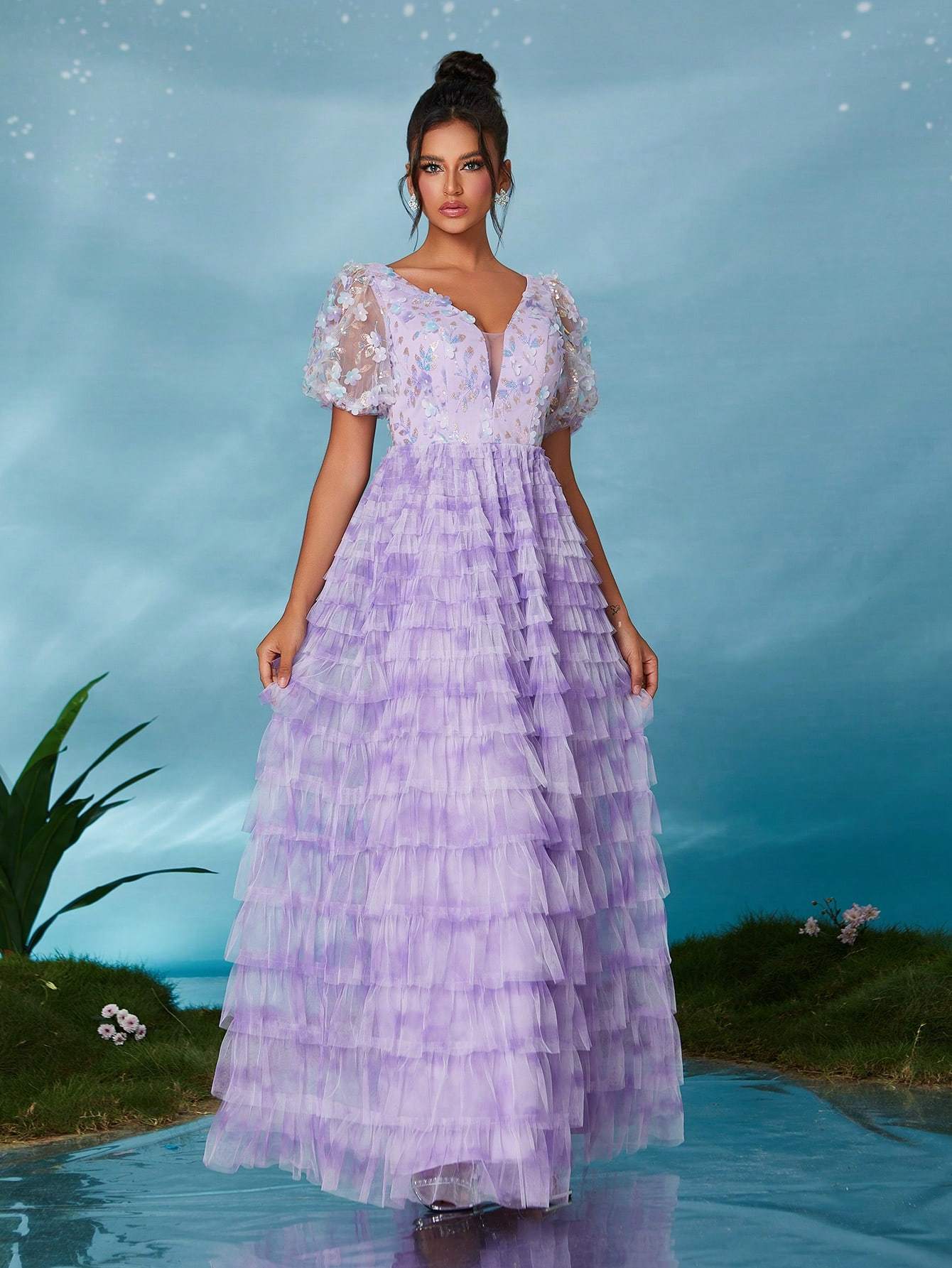 Leely Elegant V Neck Short Sleeve Evening Gown