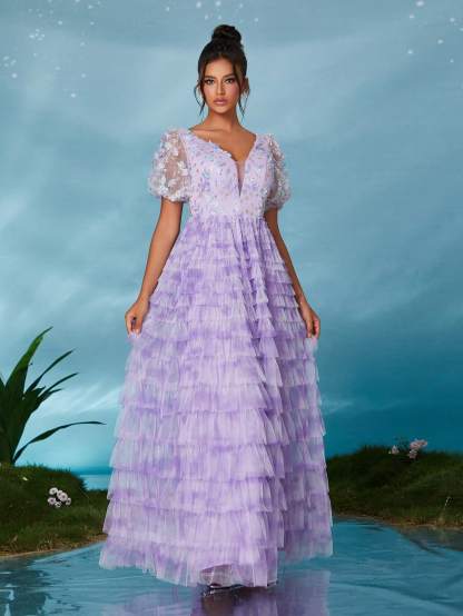 Leely Elegant V Neck Short Sleeve Evening Gown