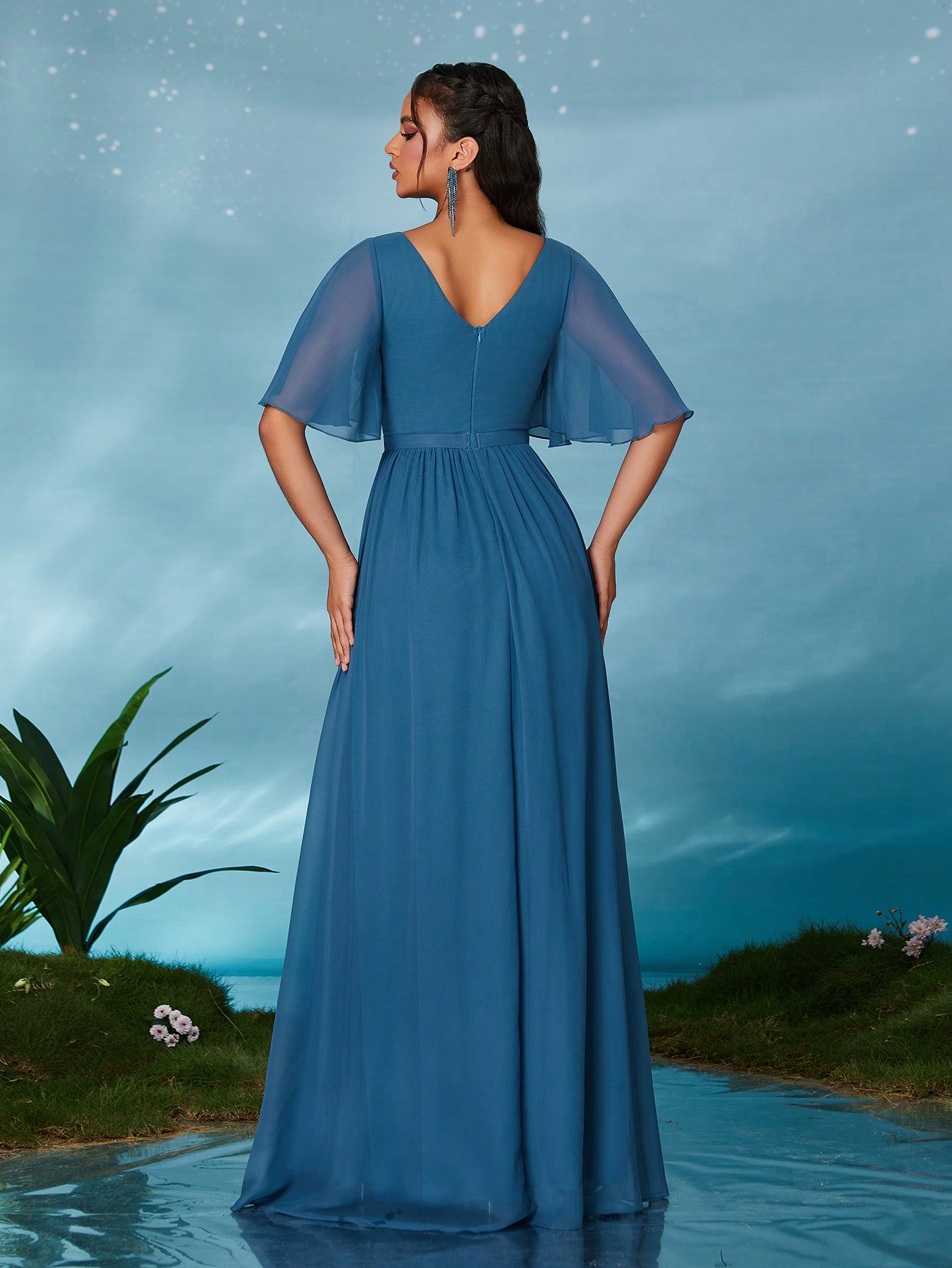 Leely Elegant Sweetheart Flounce Sleeve Party Dress