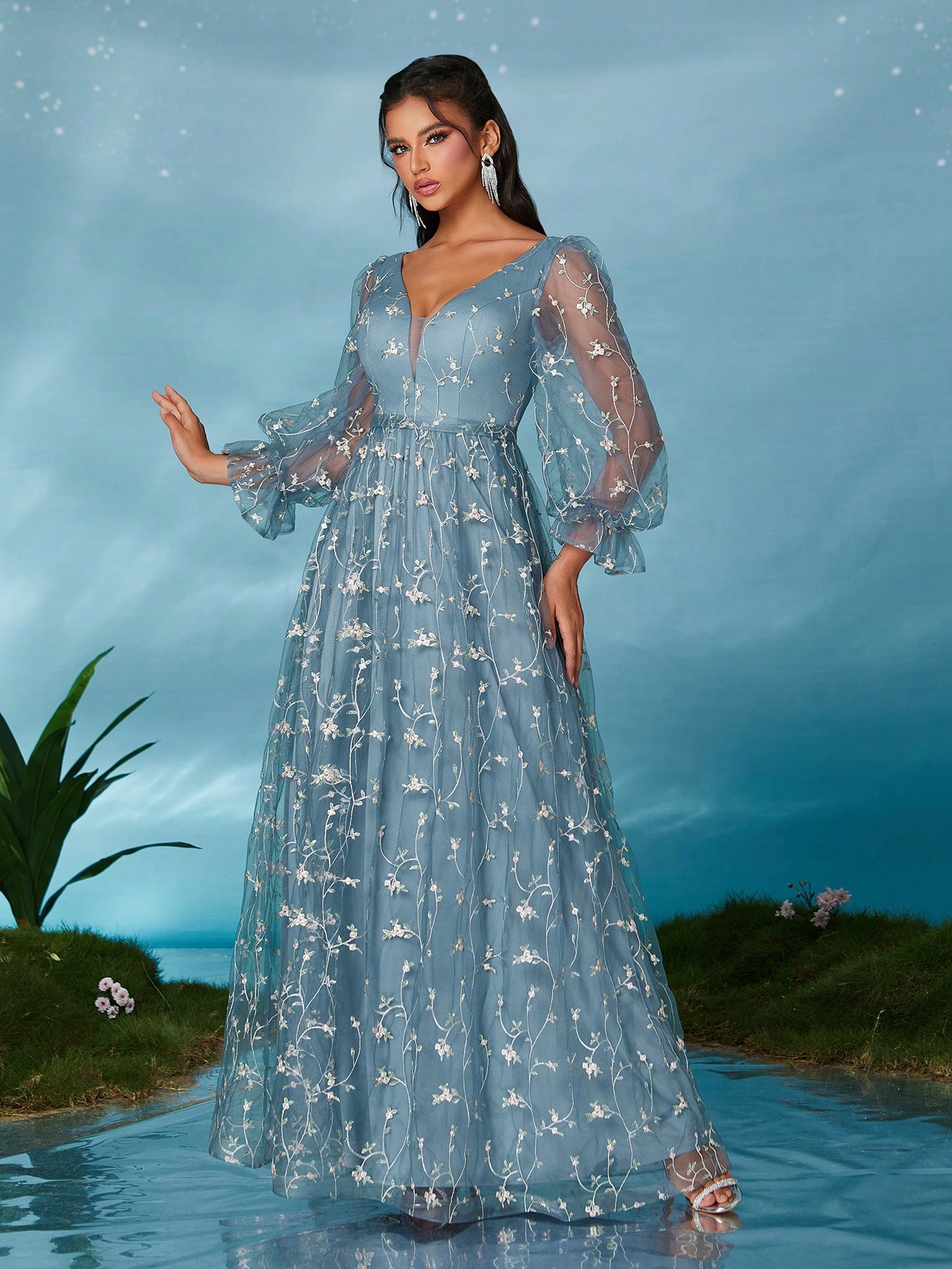 Leely Elegant V Neck Bishop Sleeve Party Dress