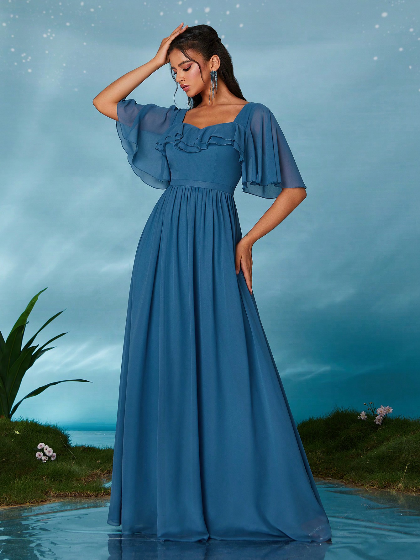 Leely Elegant Sweetheart Flounce Sleeve Party Dress