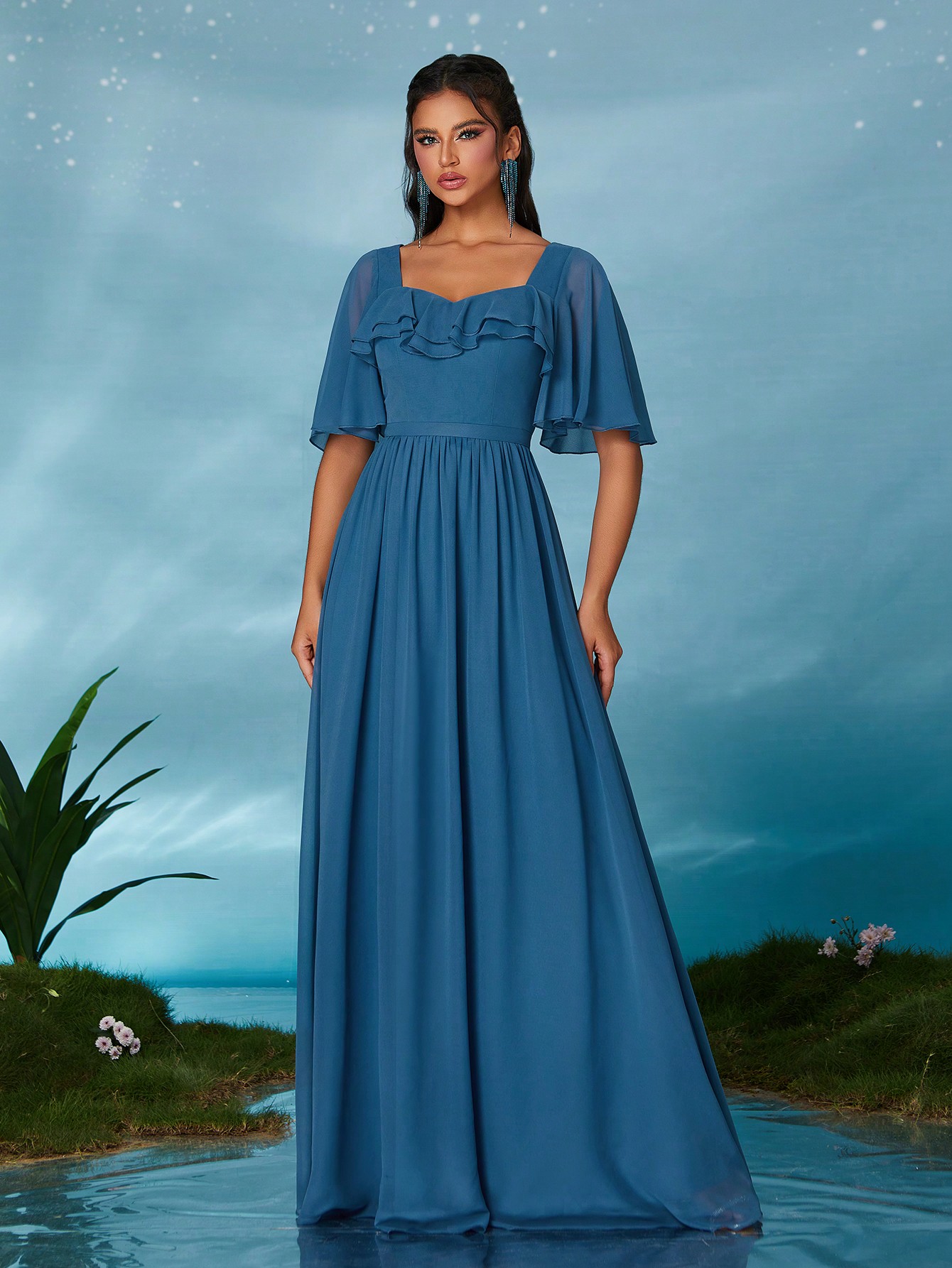 Leely Elegant Sweetheart Flounce Sleeve Party Dress