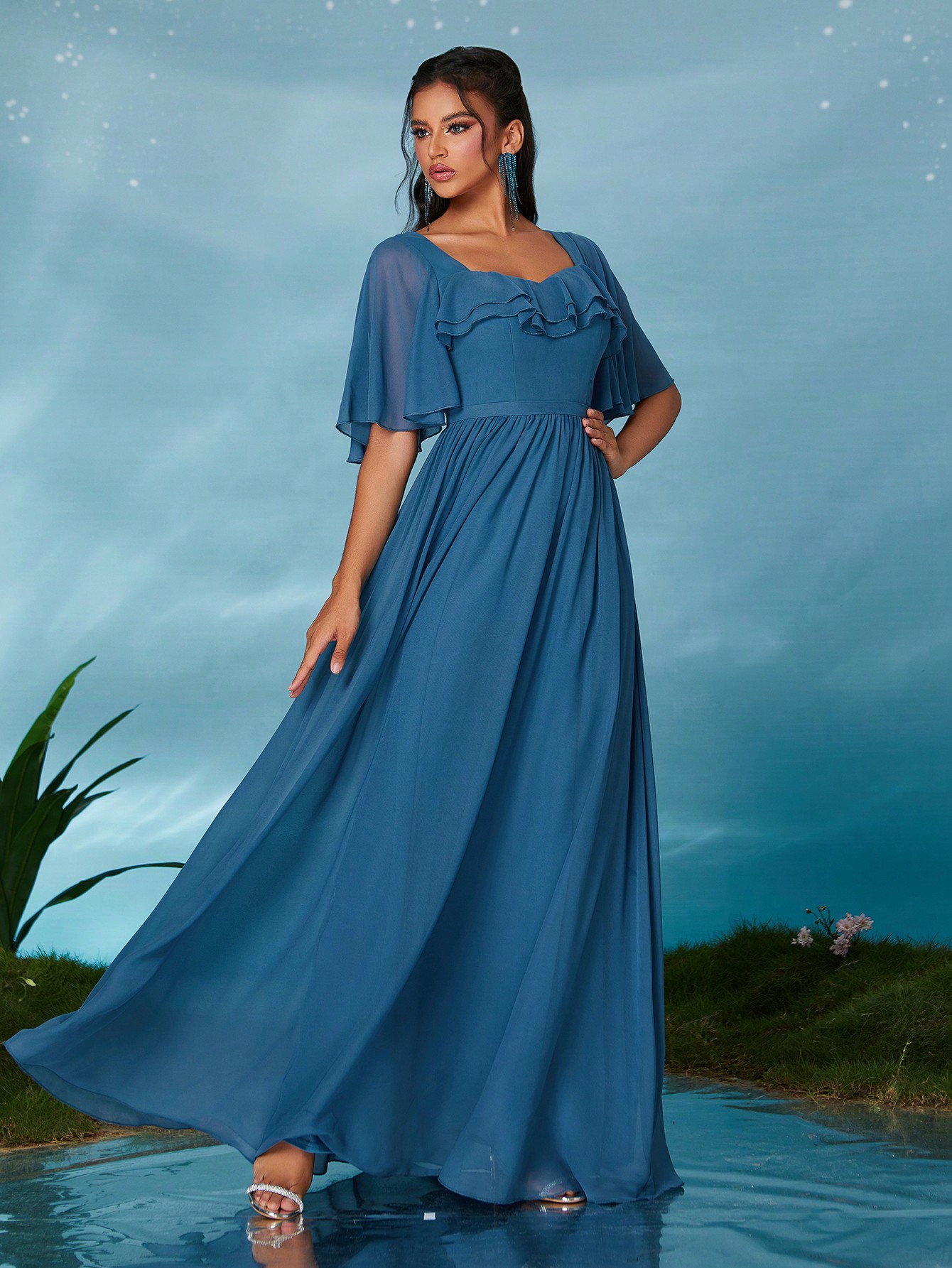 Leely Elegant Sweetheart Flounce Sleeve Party Dress