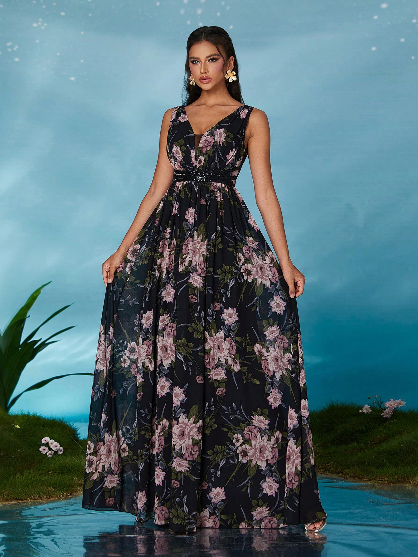 Leely Elegant V Neck Sleeveless Prom Dress