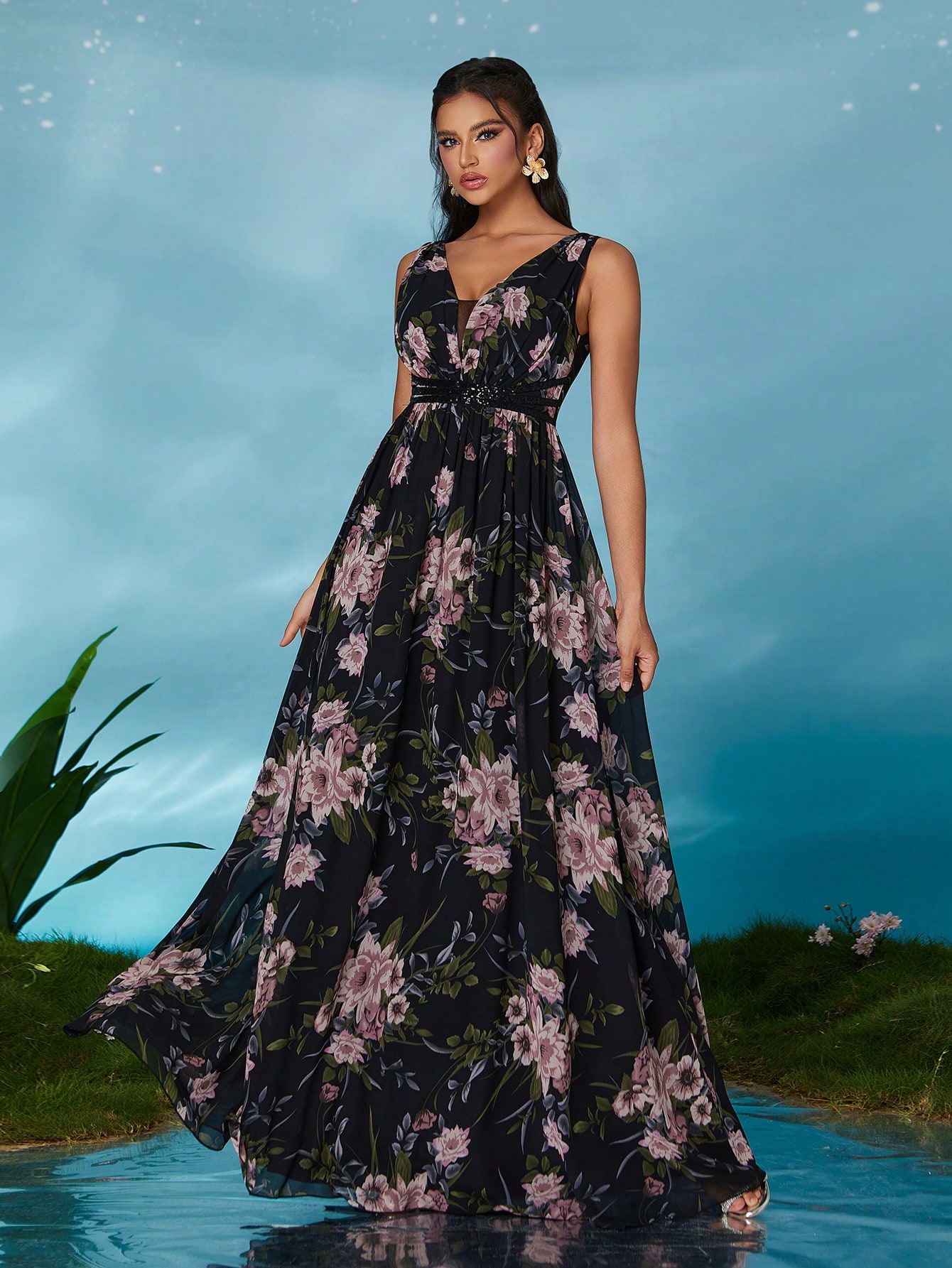 Leely Elegant V Neck Sleeveless Prom Dress