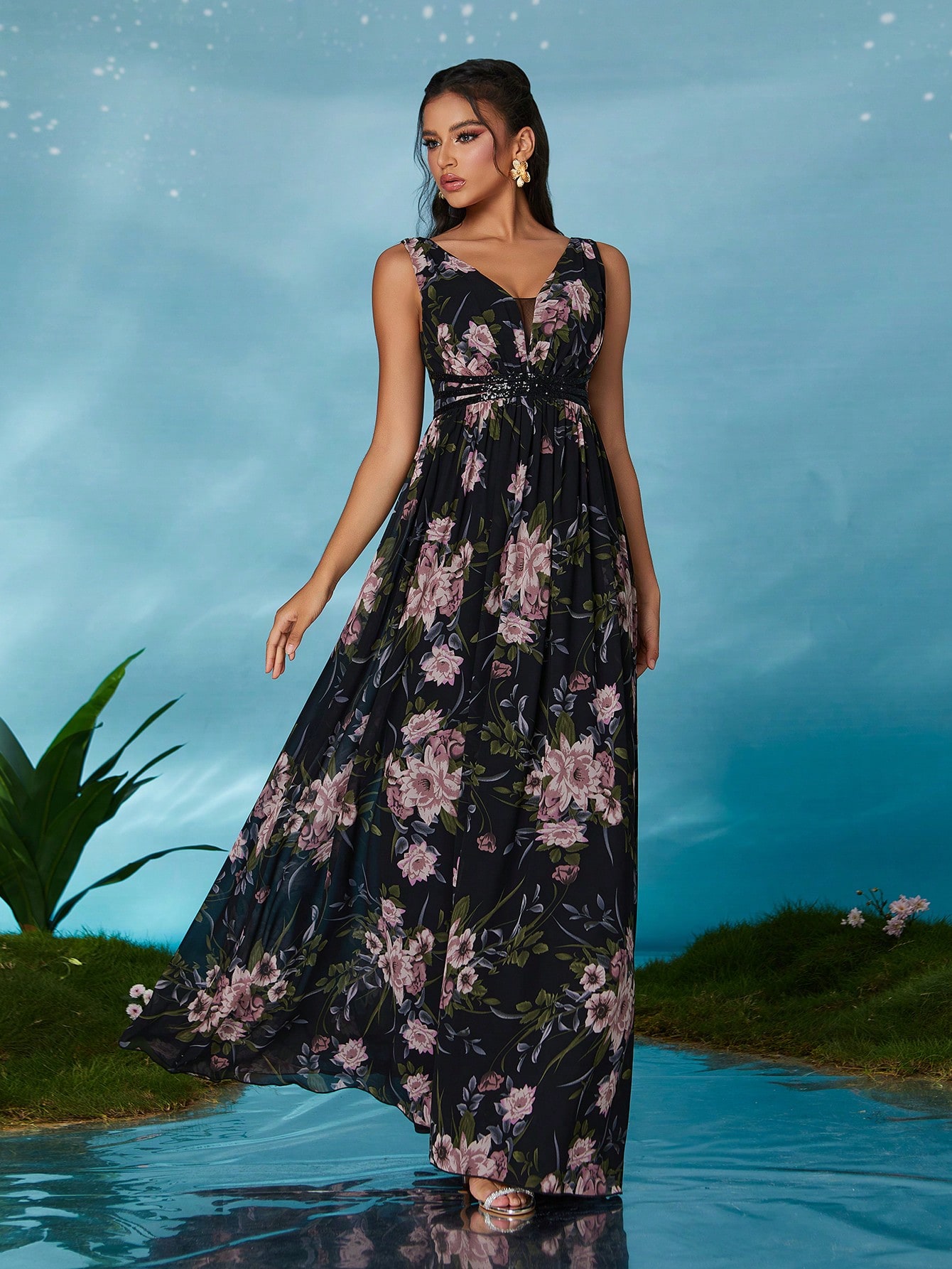 Leely Elegant V Neck Sleeveless Prom Dress