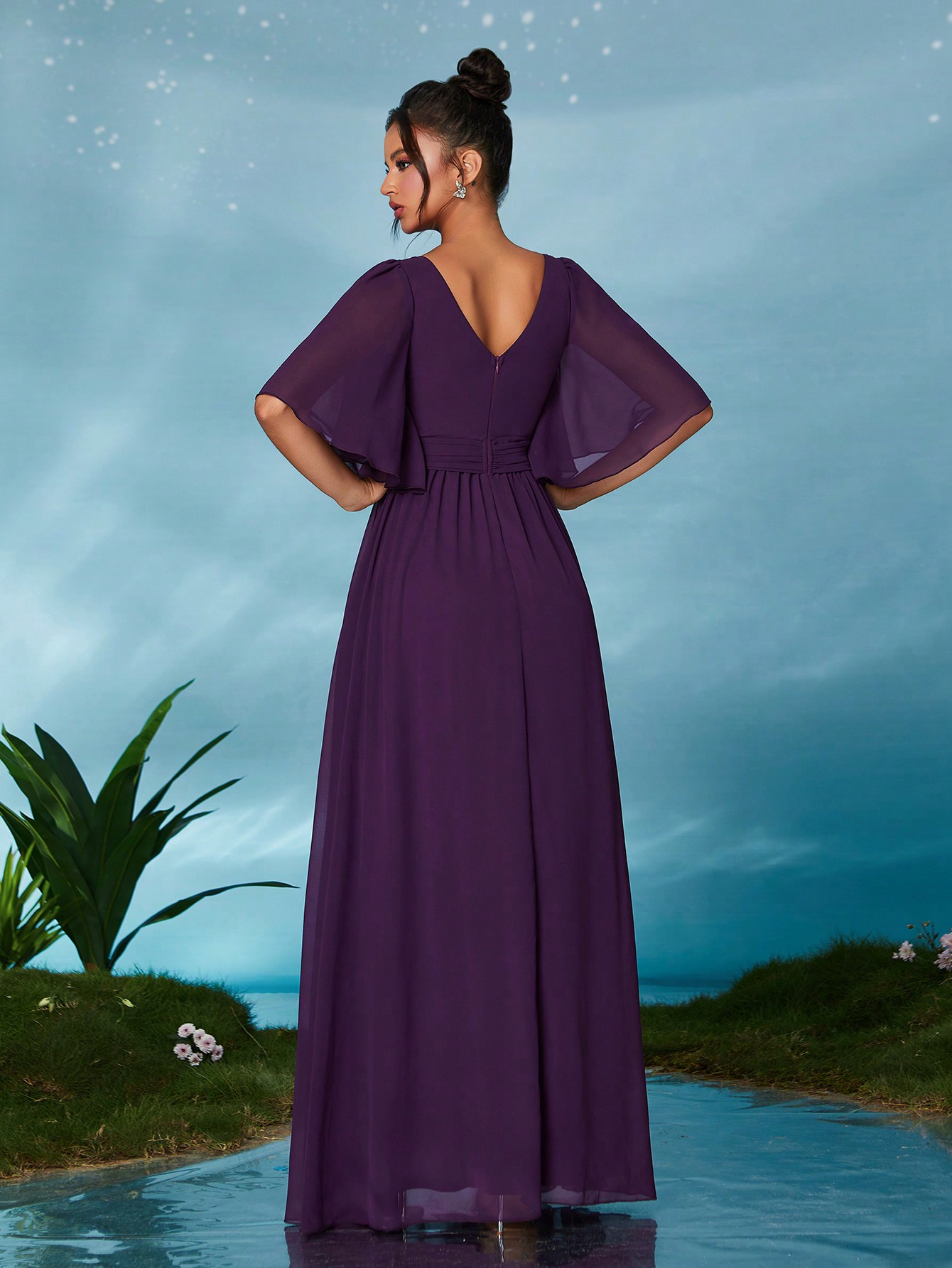 Leely Elegant Round Neck Flounce Sleeve Party Dress
