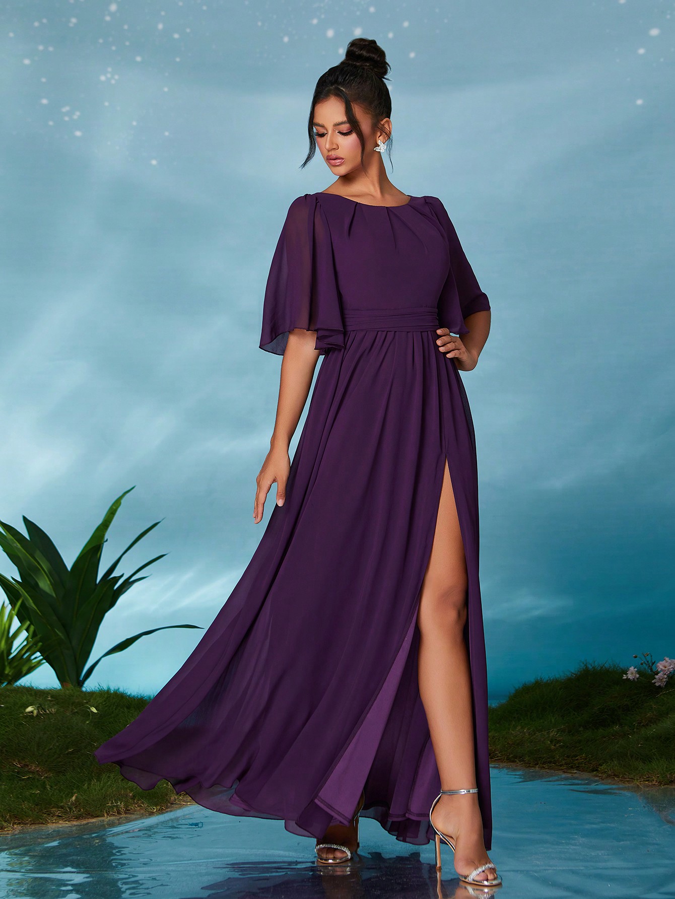 Leely Elegant Round Neck Flounce Sleeve Party Dress