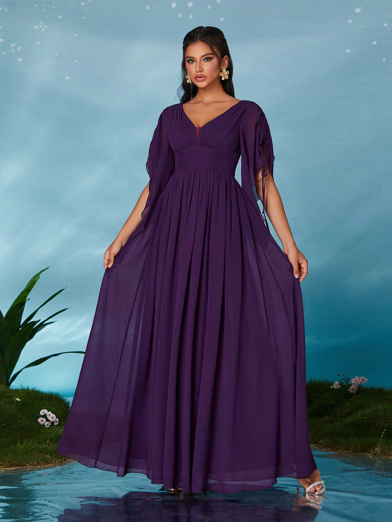 Leely Elegant V Neck Flounce Sleeve Party Dress