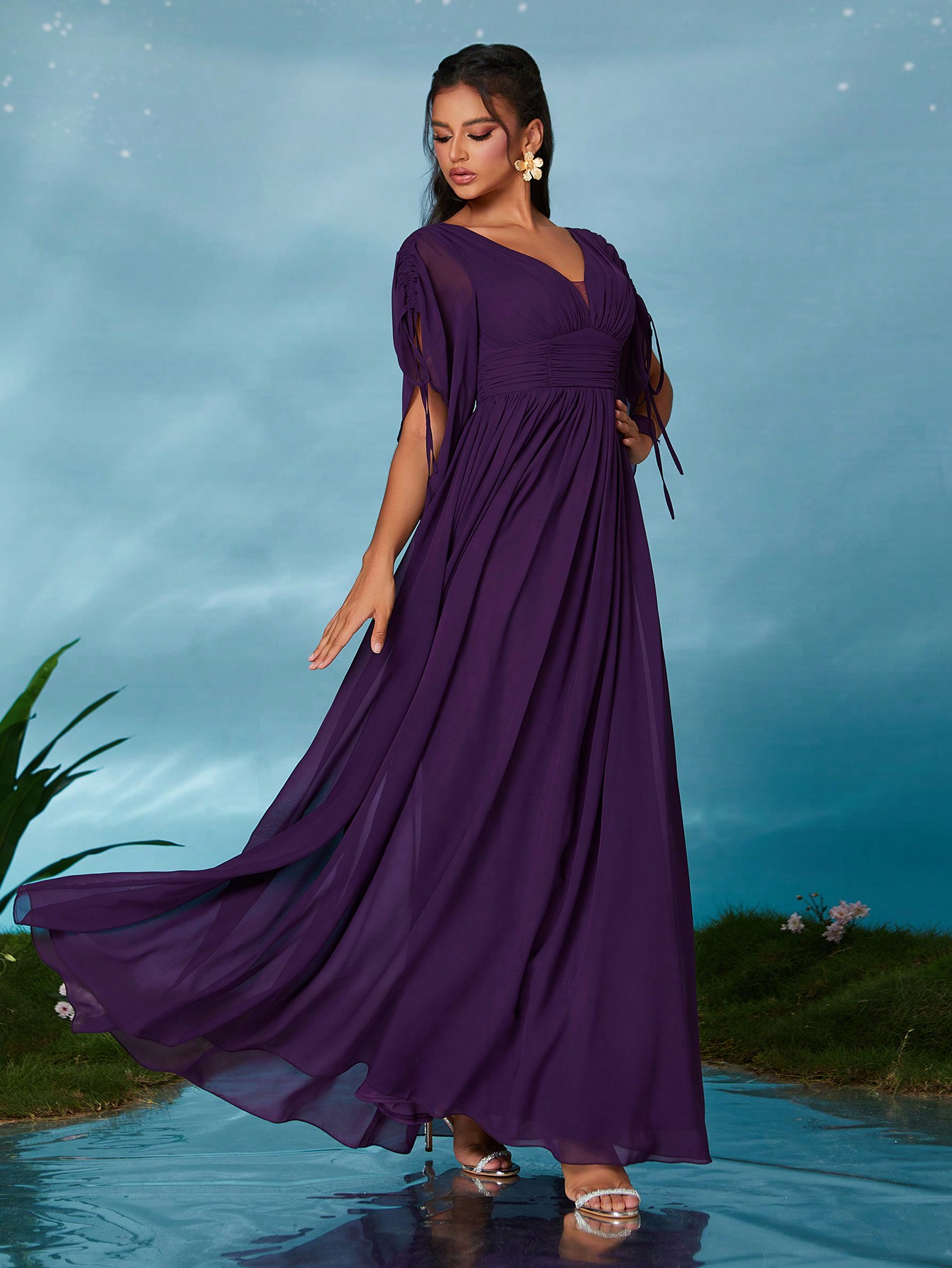Leely Elegant V Neck Flounce Sleeve Party Dress