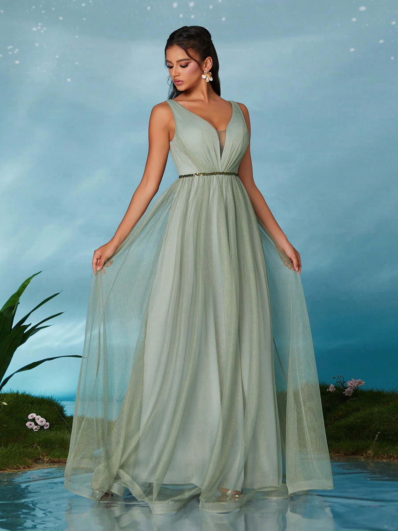 Leely Elegant V Neck Sleeveless Party Dress