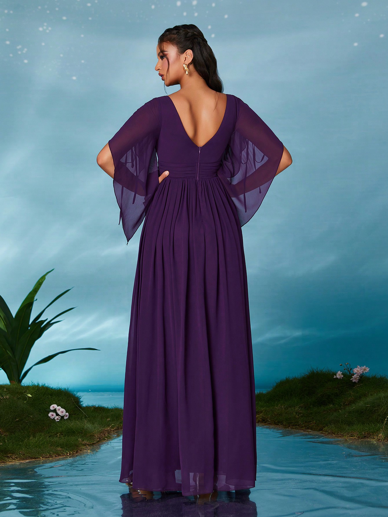 Leely Elegant V Neck Flounce Sleeve Party Dress