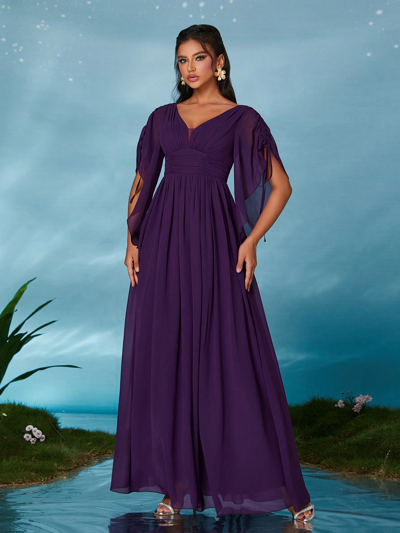 Leely Elegant V Neck Flounce Sleeve Party Dress