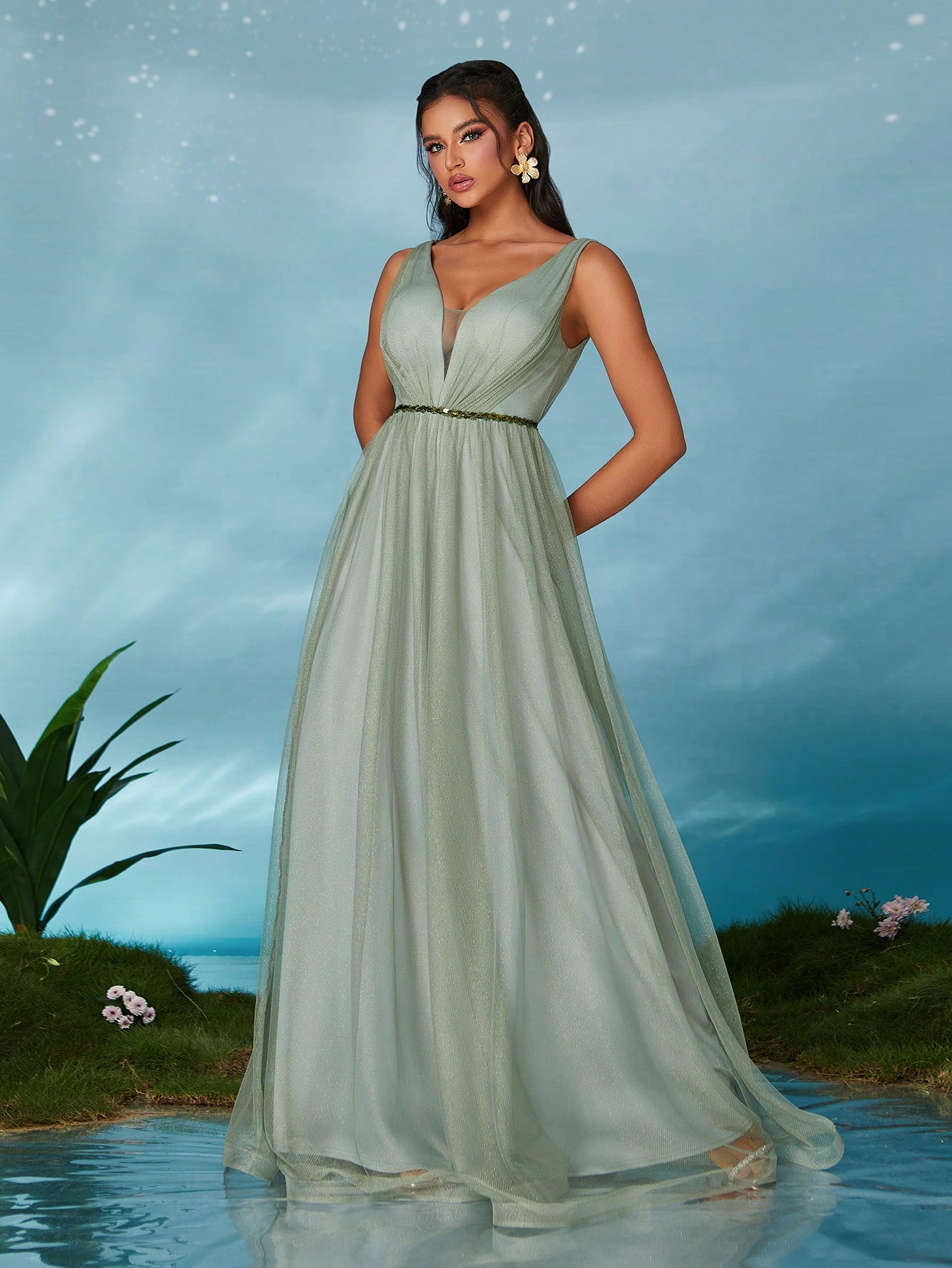 Leely Elegant V Neck Sleeveless Party Dress
