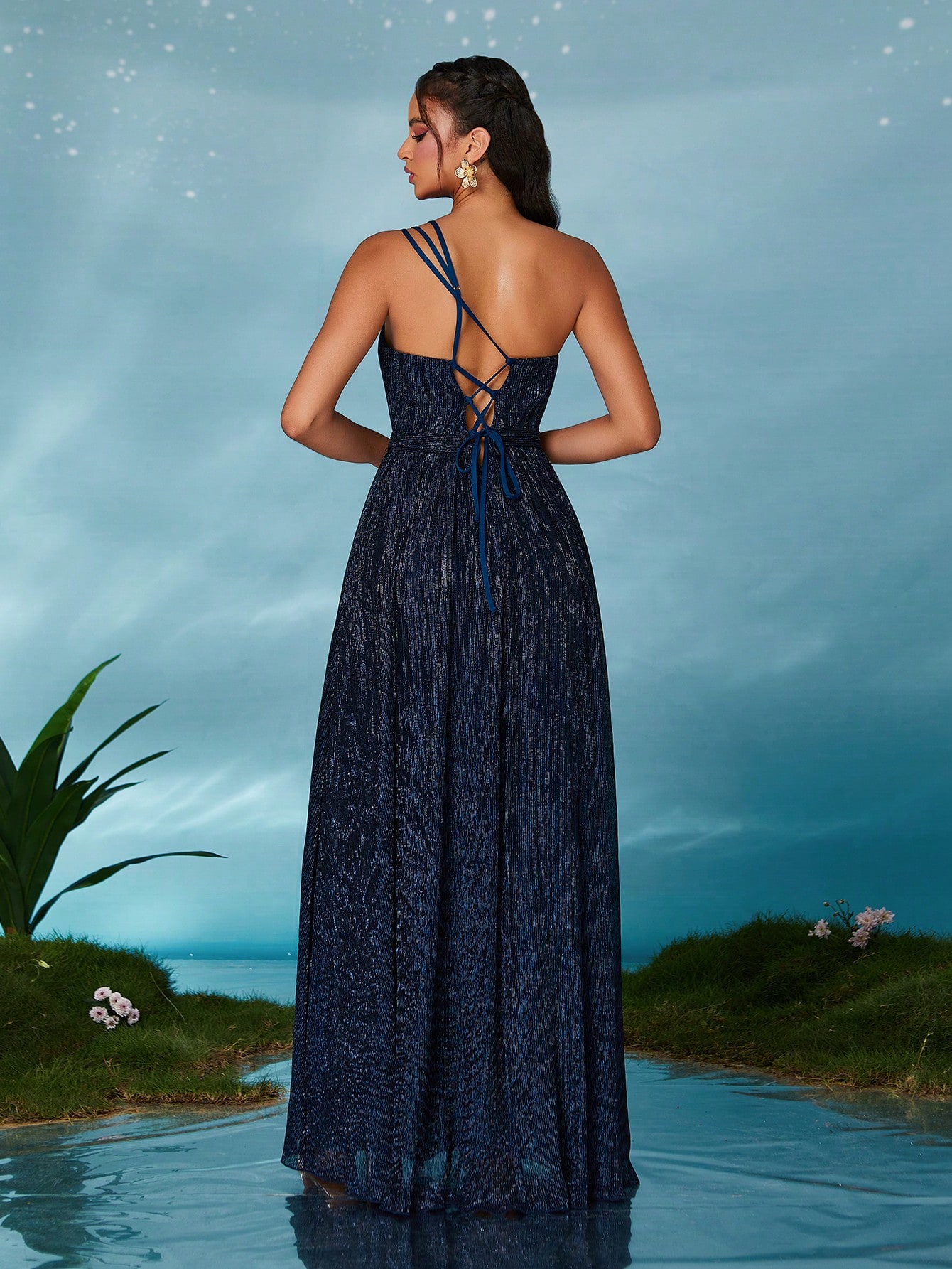 Leely Elegant One Shoulder Sleeveless Party Dress