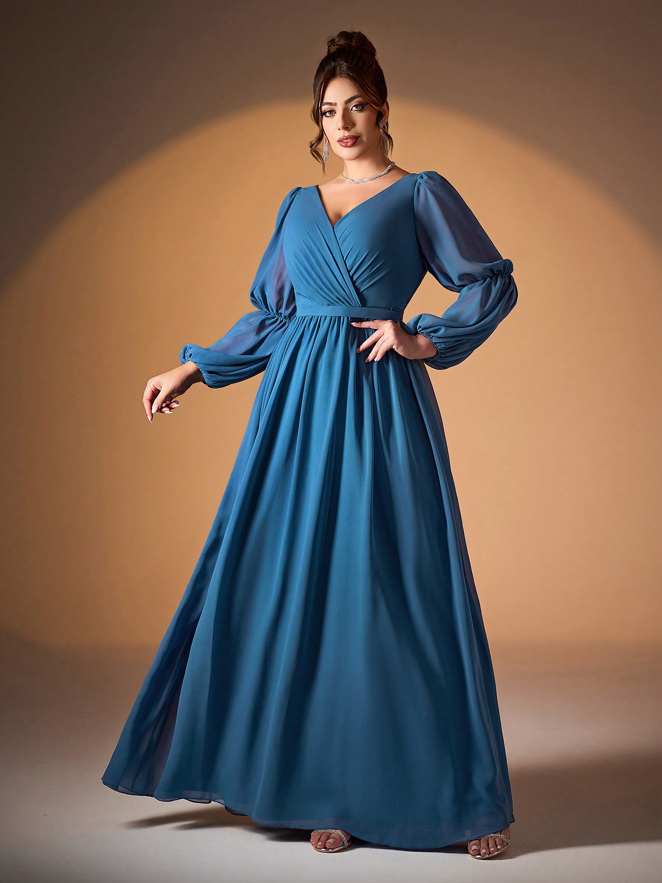 Leely Plus Women's Elegant V Neck Bishop Sleeve Chiffon Evening Gown