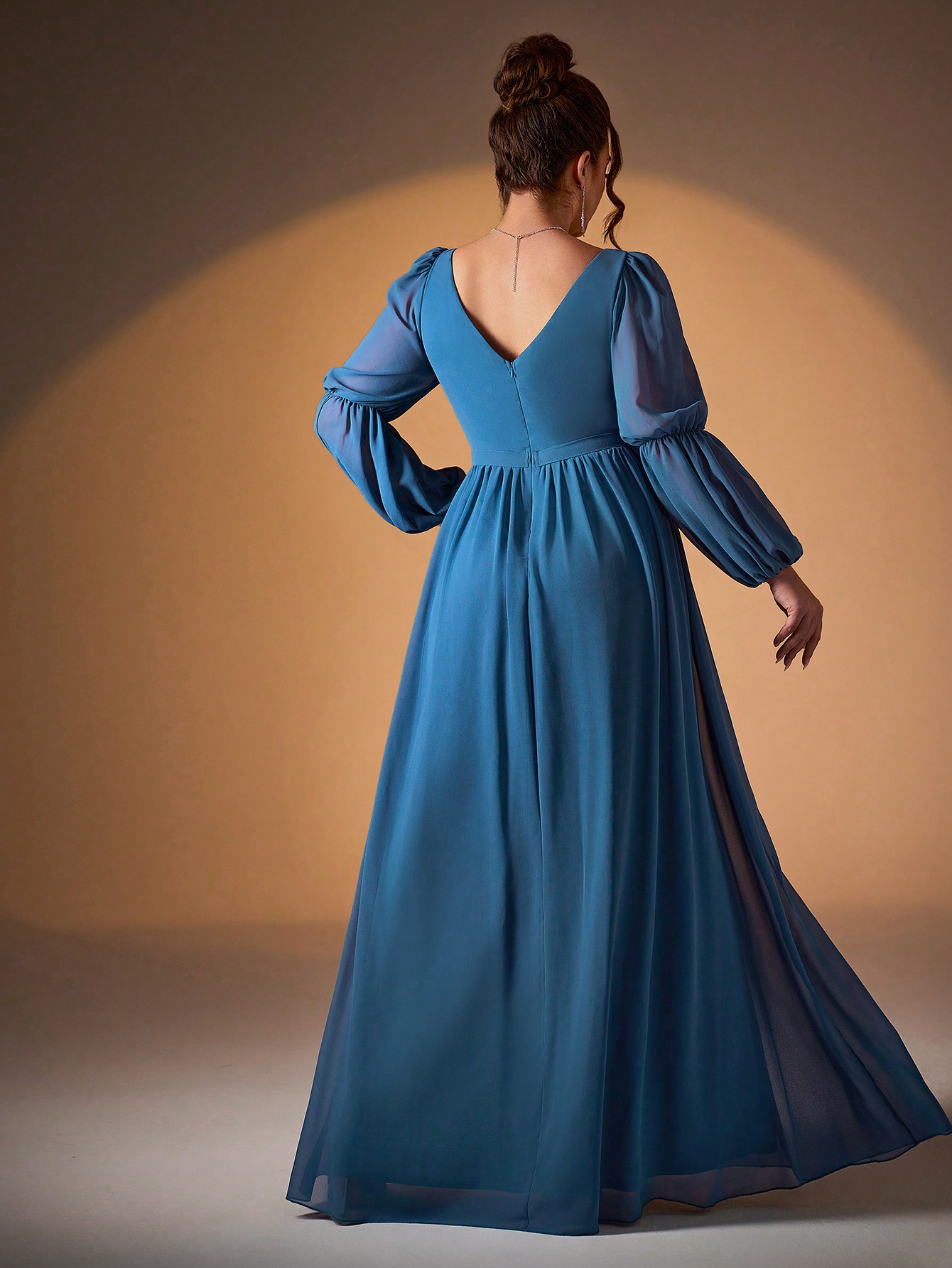 Leely Plus Women's Elegant V Neck Bishop Sleeve Chiffon Evening Gown