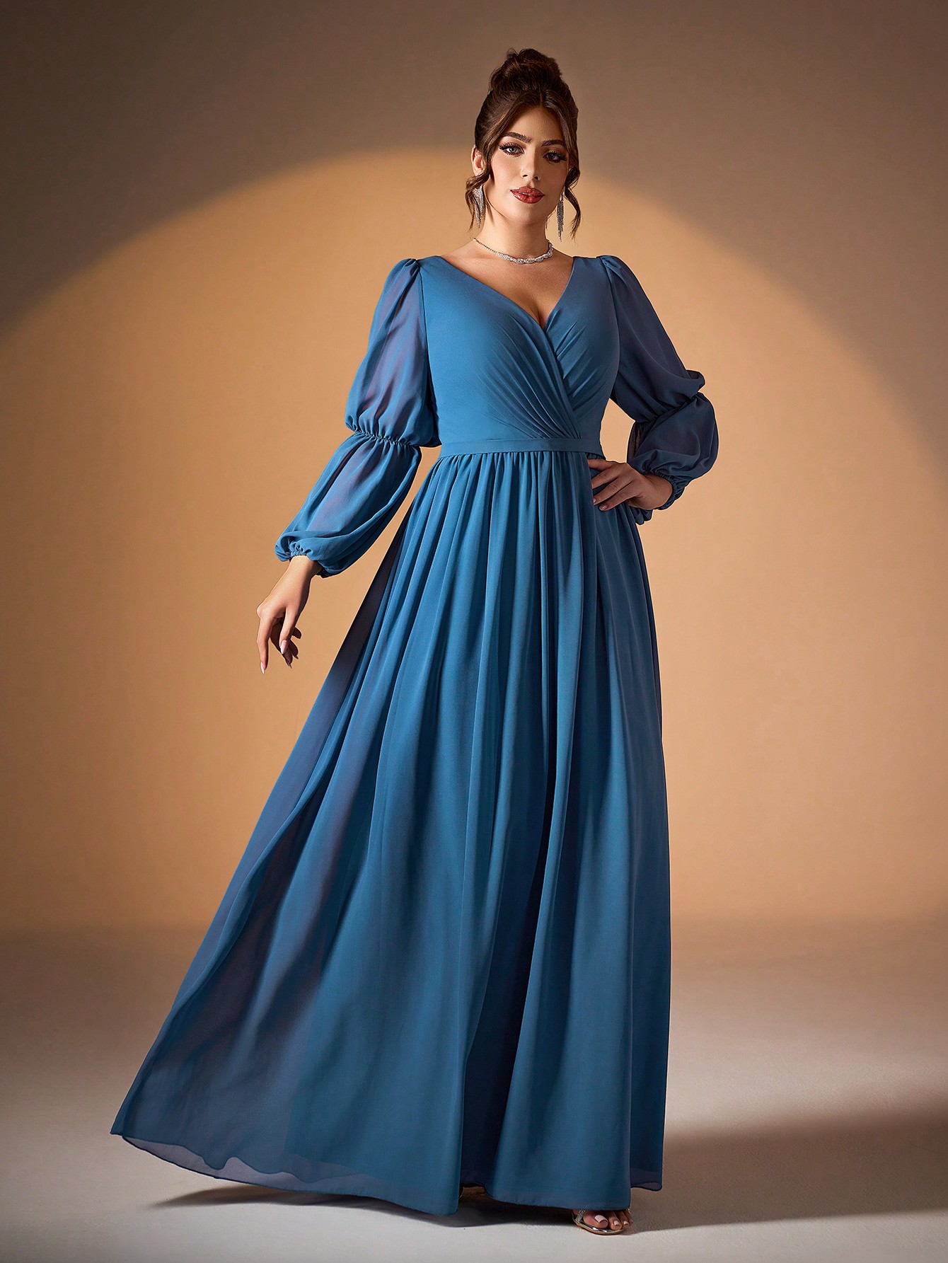 Leely Plus Women's Elegant V Neck Bishop Sleeve Chiffon Evening Gown