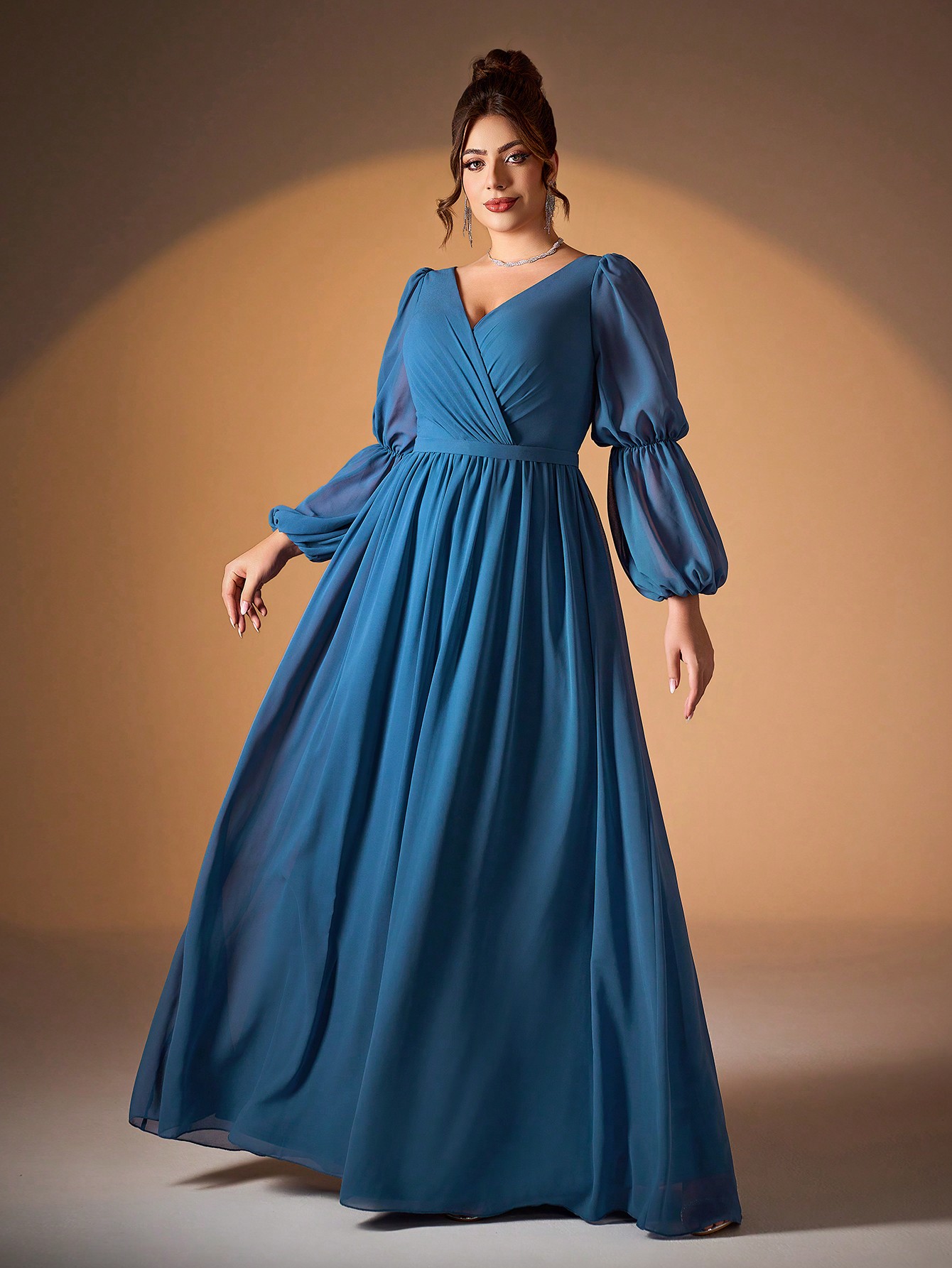 Leely Plus Women's Elegant V Neck Bishop Sleeve Chiffon Evening Gown