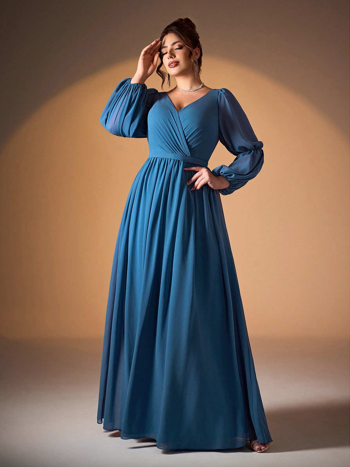 Leely Plus Women's Elegant V Neck Bishop Sleeve Chiffon Evening Gown