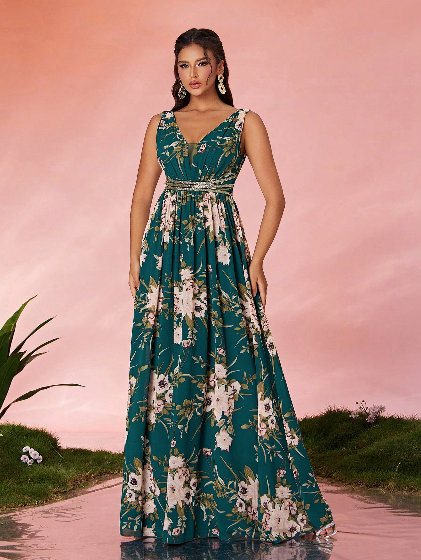Leely Elegant V Neck Sleeveless Prom Dress